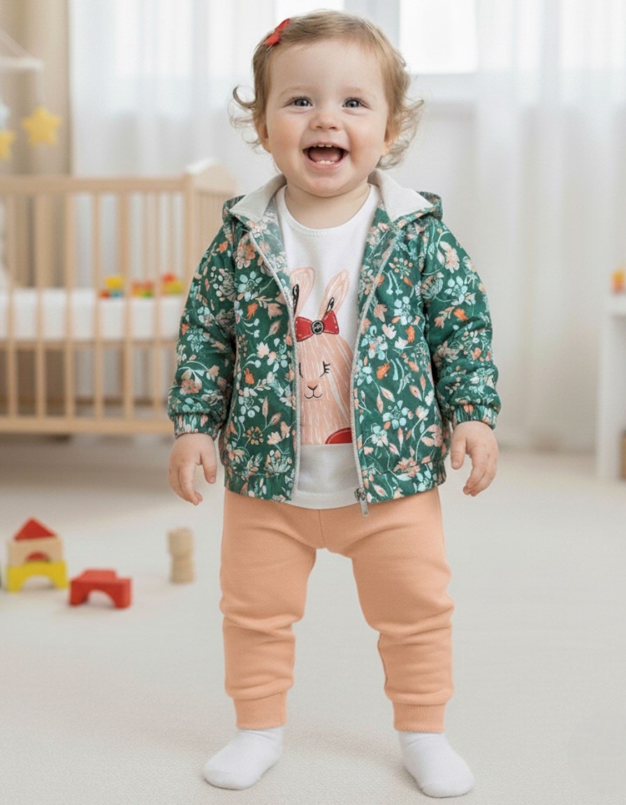 Kız Bebek Yağmurluklu Kapüşonlu, 3 Parça Mevsimlik Alt Üst Takım l 3-6-9-12-18 Ay R2233 - YEŞİL