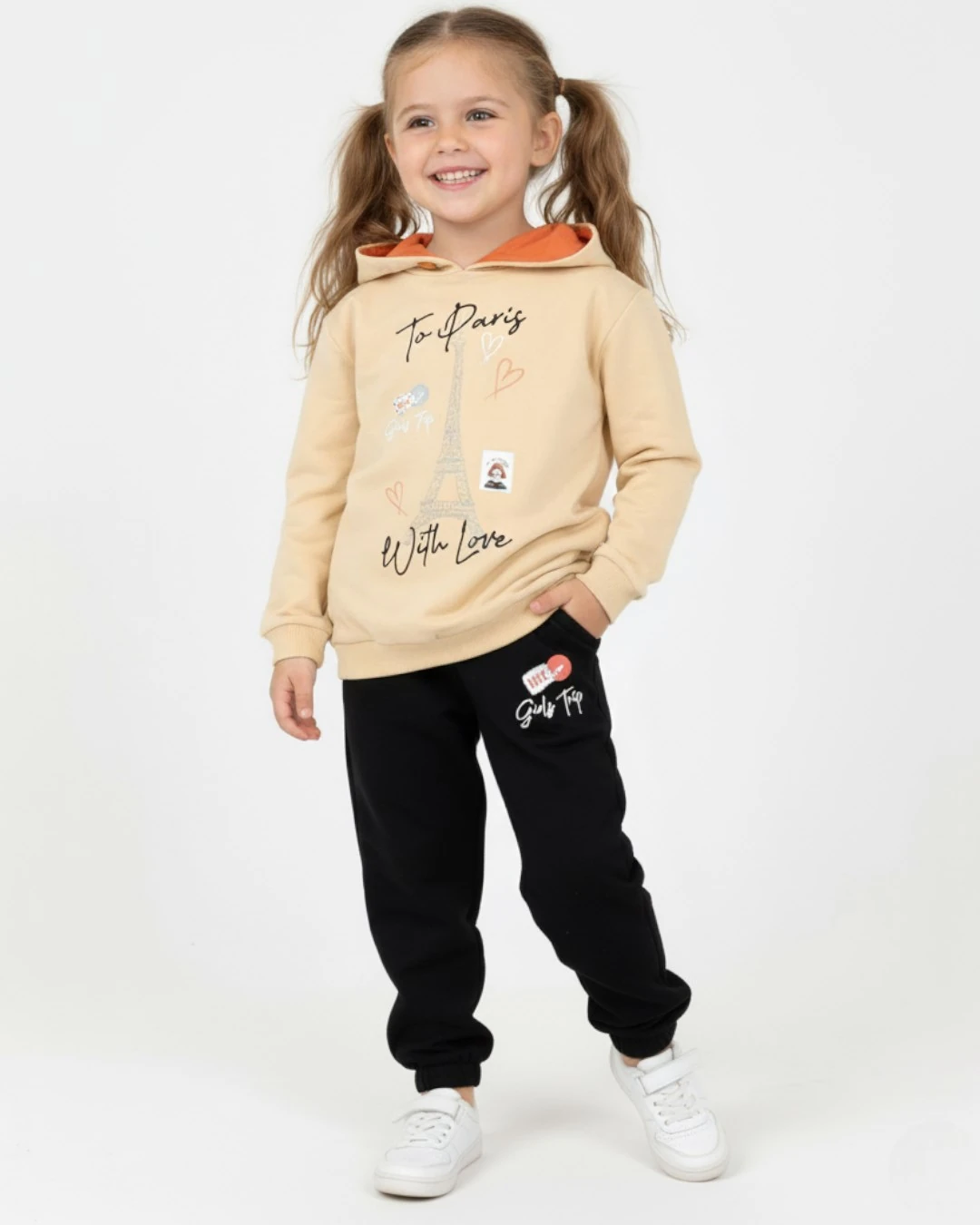 Kız Çocuk 6-7-8-9-10 Yaş Mevsimlik Kapüşonlu Paris Baskılı Alt Üst Eşofan Takım R2328 - BEJ