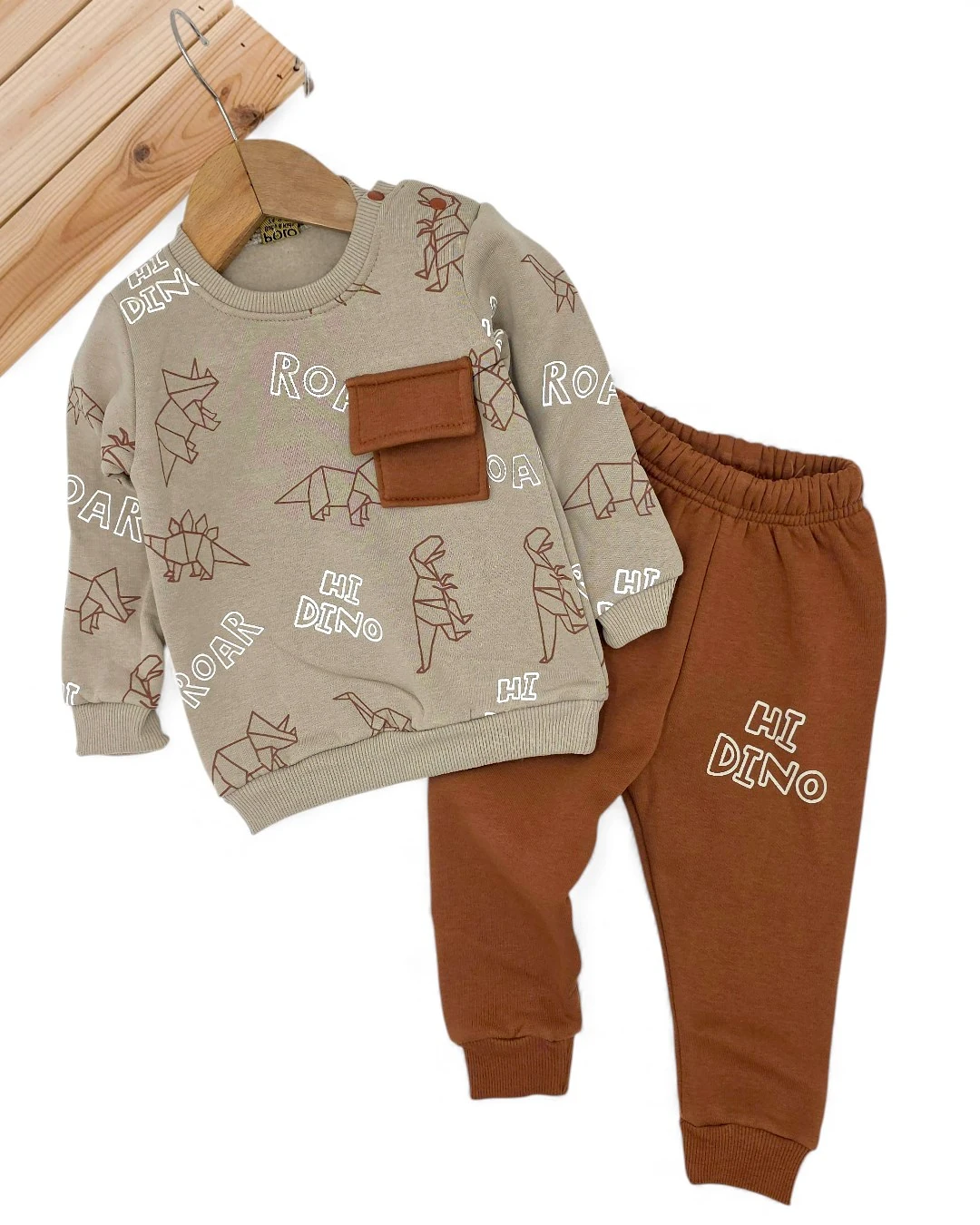 Erkek Bebek Kışlık 3 İp Şardonlu Dinozor Baskılı 6-9-12-18-24 Ay Alt Üst Eşofman Takımı R2387