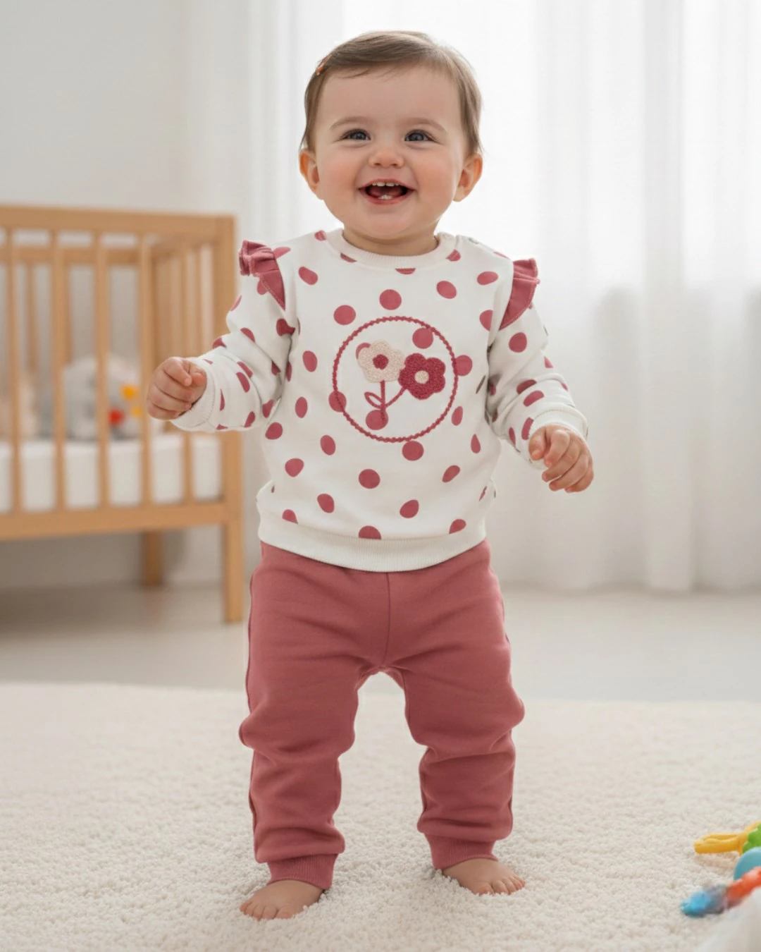 Kız Bebek Puantiyeli Nakışlı, Kışlık 3 İp Şardonlu 6-9-12-18-24 Aylık Alt Üst Bebek Takımı R2392 - GÜL KURUSU