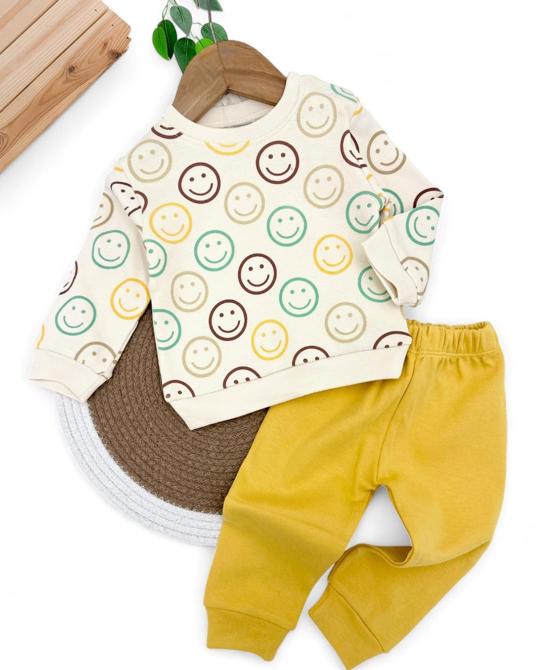 Erkek Bebek Smile Gülücük Baskılı Yeni Doğan 3-6-9-12 Aylık 2 İplik Mevsimlik Alt Üst Bebek Takımı R1219
