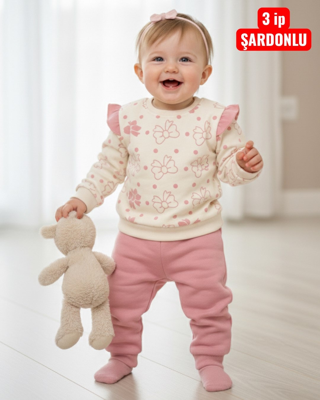 Kız Bebek Fiyon Baskılı Kışlık 3 İp Şardonlu Fırfırlı 6-9-12-18-24 Ay Alt Üst Şık Takım R2310 - PEMBE