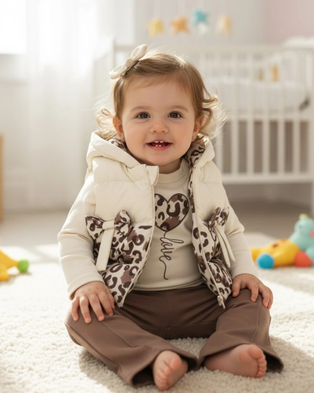 Kız Bebek Leopar Desenli Şişme Yelekli, İspanyol Paça Taytlı Mevsimlik 3'lü Şık Kombin l Takım R2372