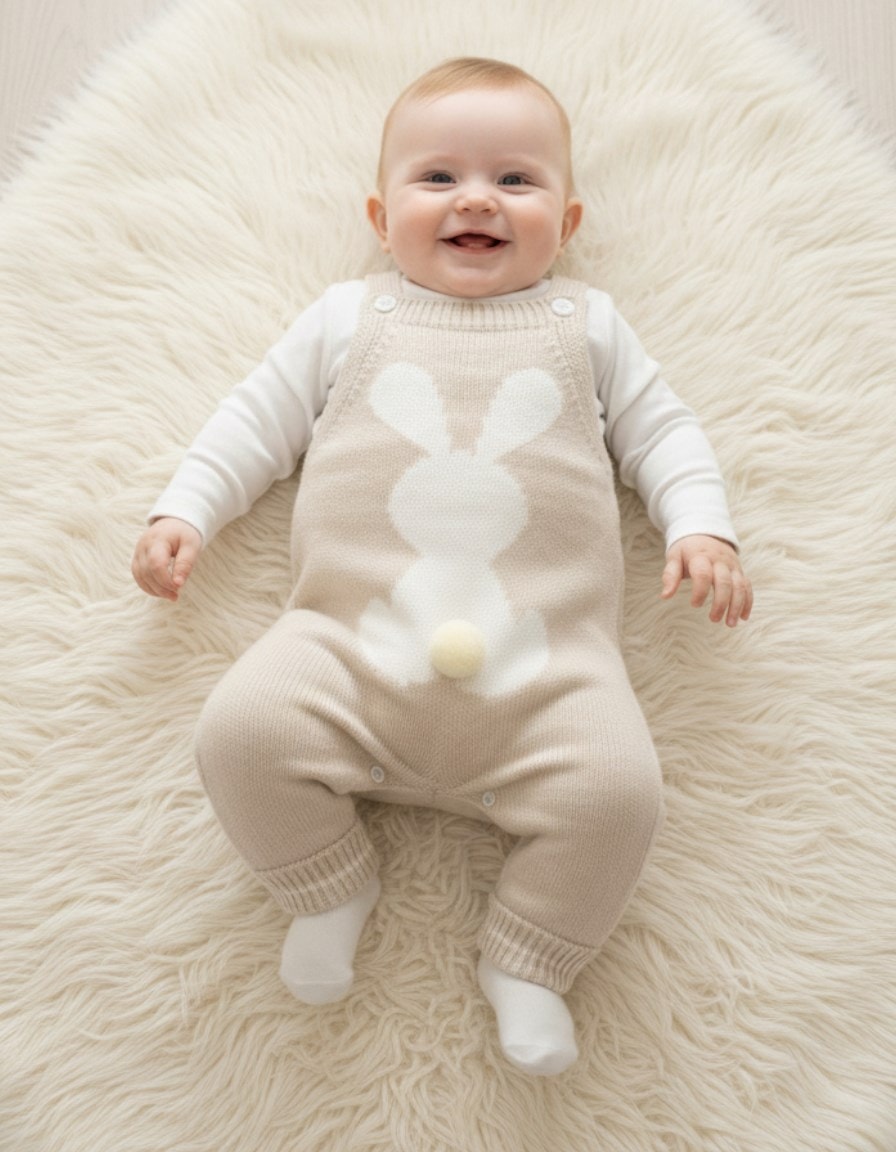  Kışlık Tavşan Detaylı Triko Salopet ve İç Badili Takım, 3-6-9-12 Ay Triko Bahçıvan Tulum R2206 - BEJ