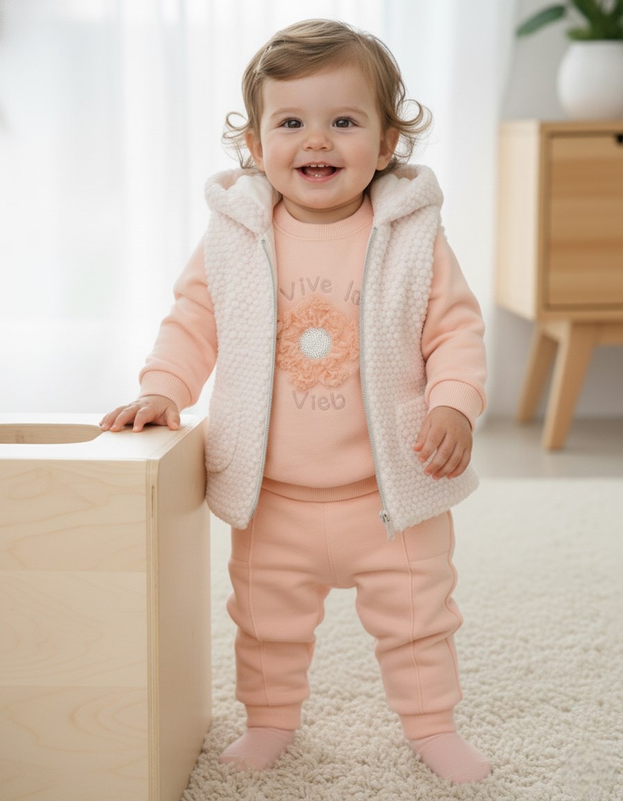 Kız Bebek Kışlık 3 İp Şardonlu Kalın Yelekli 6-9-12-18 Aylık 3 Parça Alt Üst Takım R2315 - SOMON