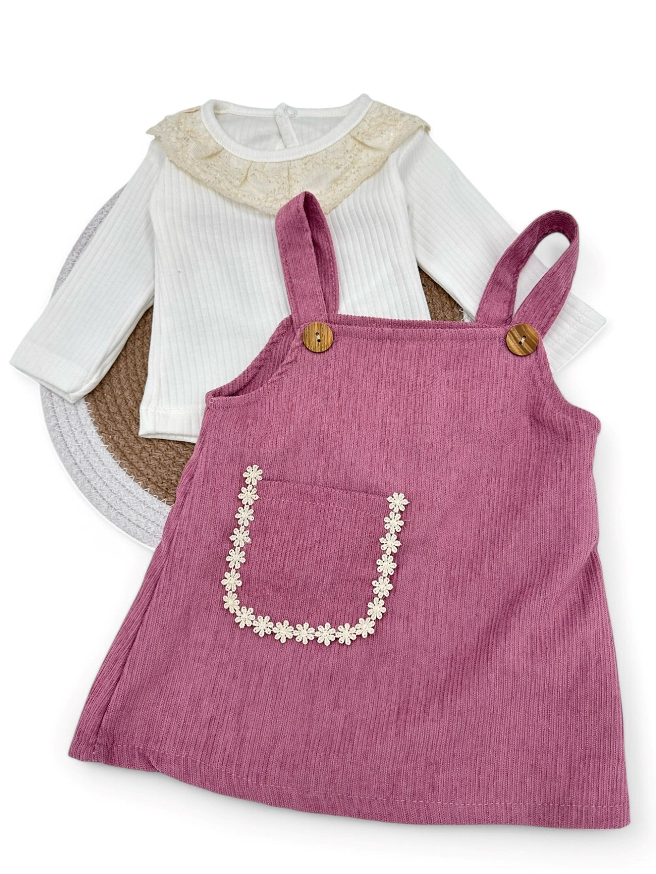 KIZ BEBEK MEVSİMLİK ÇİÇEK AKSESUARLI SALOPET 3-6-9-12-18 AY  ELBİSE VE İÇ BADİSİ R1553