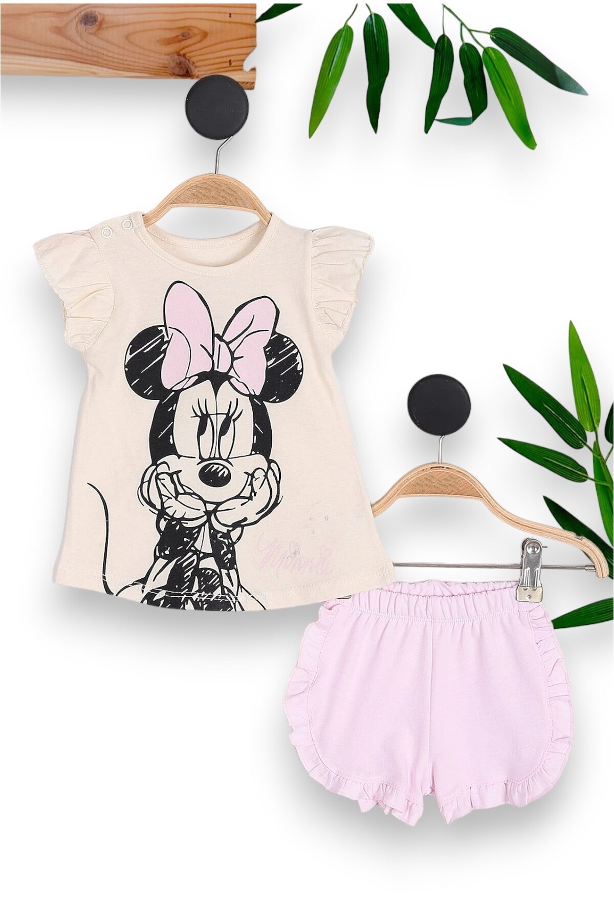 KIZ BEBEK MİNNİE MOUSE BASKILI YAZLIK ŞORTLU 6-24 AY ARASI BEBEK TAKIMI R811 - PEMBE