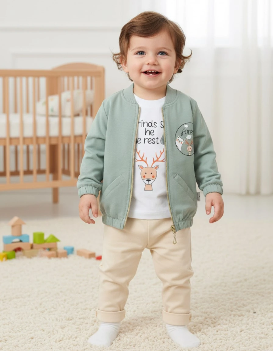 Erkek Bebek Mevsimlik 3-6-9-12-18 Aylık Hırkalı 3 Parça Alt Üst Takım R2229