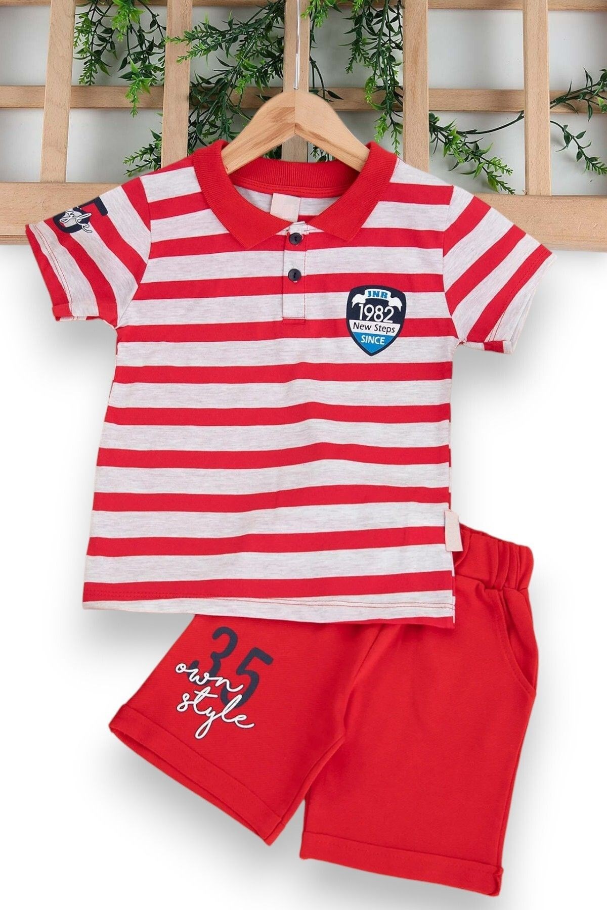 Erkek Çocuk Günlük Çizgili Polo Yakalı Şık T-shirt Ve Şort Alt Üst Takımı R499 - KIRMIZI