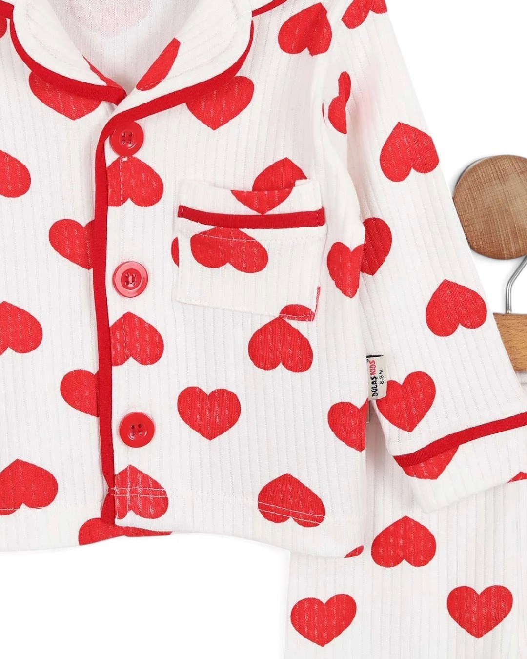 Kız 0-6 Yaş Kalp Baskılı, Kruvaze Yakalı Mevsimlik Düğmeli Gecelik Pijama Takımı R2184