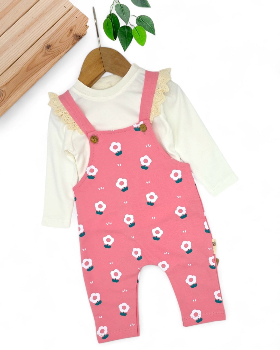Kız Bebek 6-24 Ay Papatya Baskılı 2 Parça Bahçıvan Salopet Tulum ve İç Badili Tulum Seti Takımı R2075 - PUDRA