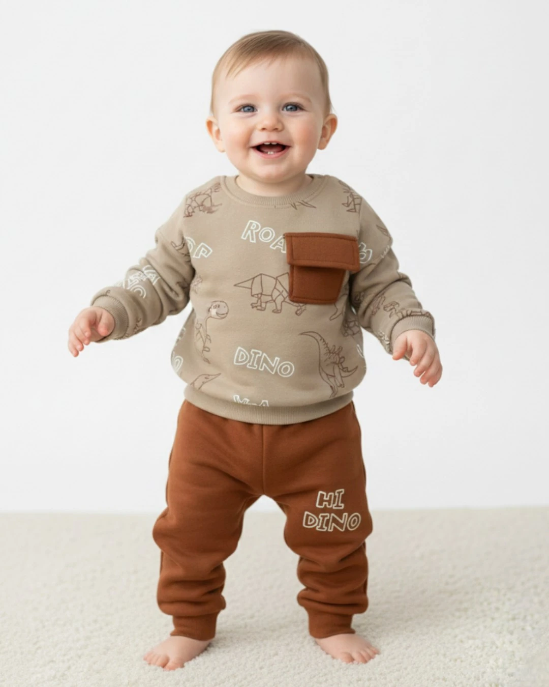 Erkek Bebek Kışlık 3 İp Şardonlu Dinozor Baskılı 6-9-12-18-24 Ay Alt Üst Eşofman Takımı R2387 - KAHVERENGİ