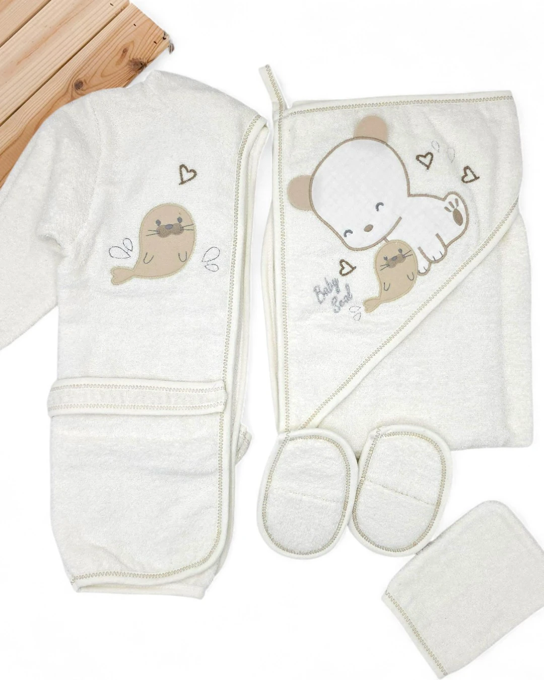 Kız Bebek Kedi Detaylı Lüks Bornoz Takımı Havlu Seti Pamuk Kumaş  BN4 - BEYAZ