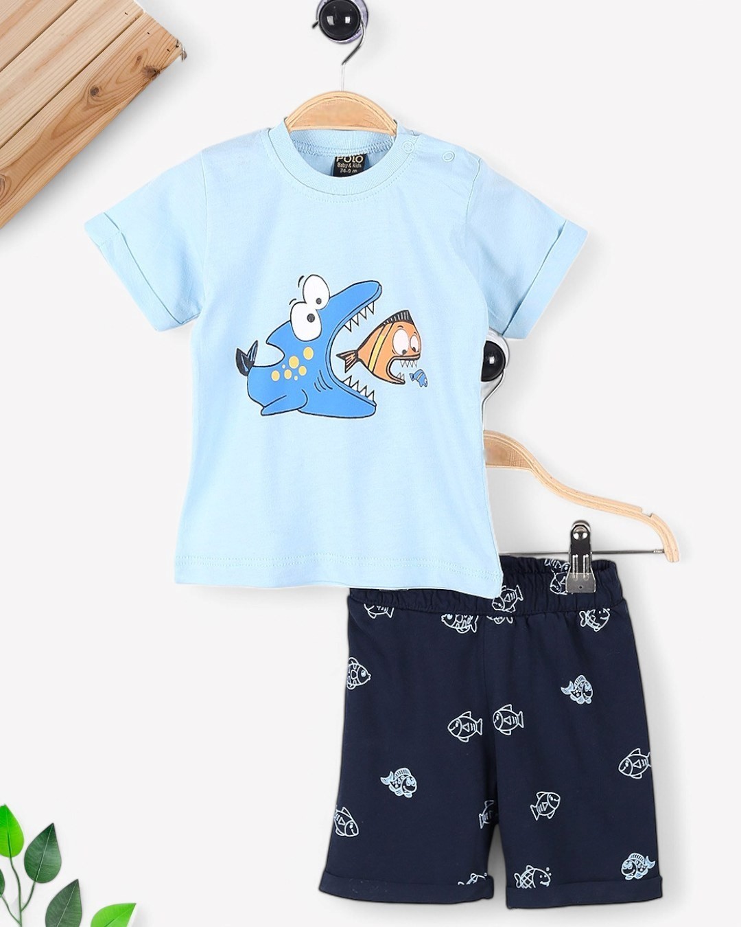 ERKEK BEBEK 6-9-12-18-24 AY YAZLIK BALIK BASKILI T-SHIRT VE ŞORTLU ALT ÜST TAKIM R1752 - AÇIK MAVİ