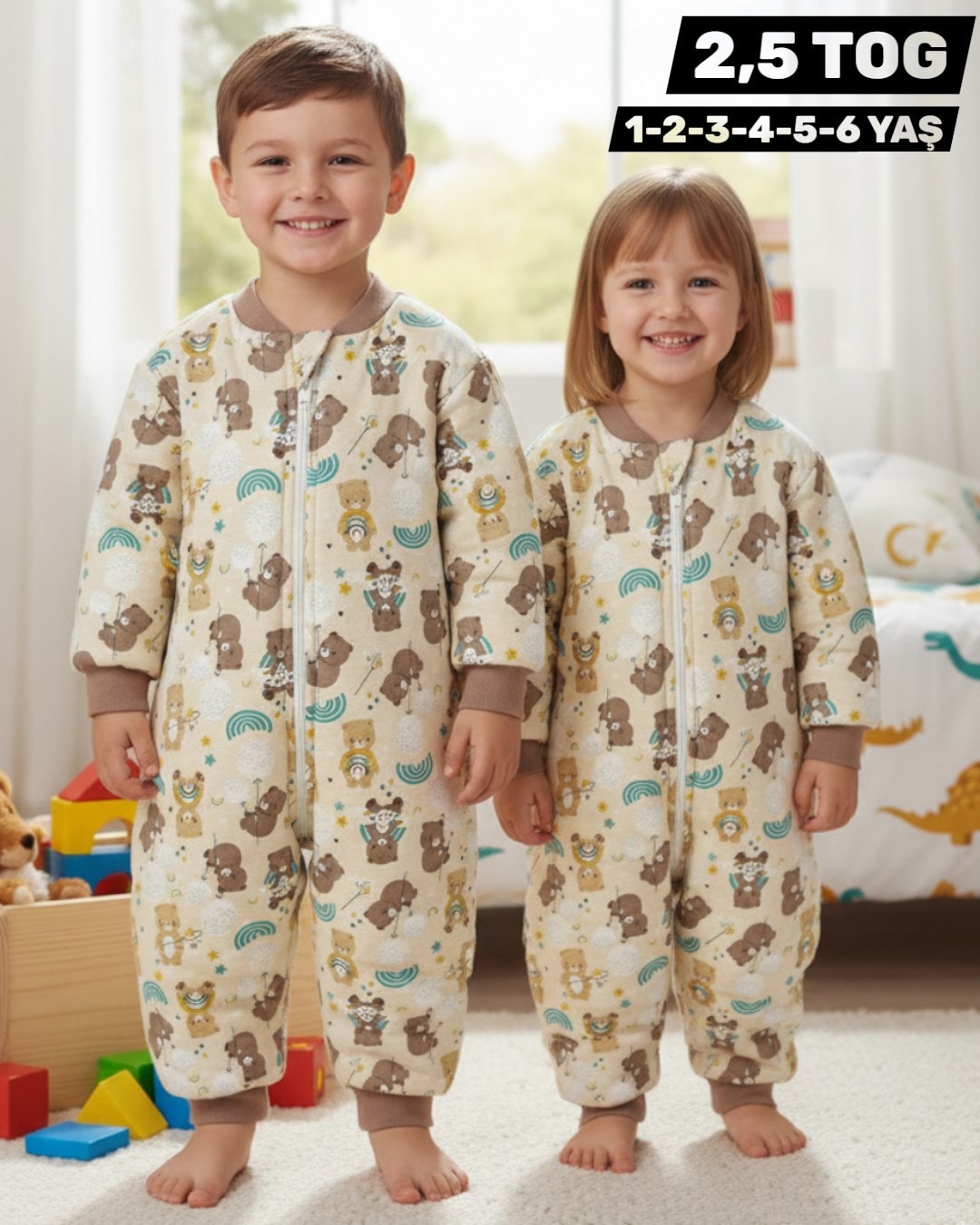 1-6 Yaş Ayıcık Desenli Fermuarlı Çocuk Uyku Tulumu, 2,5 TOG Elyaf Dolgulu R2267