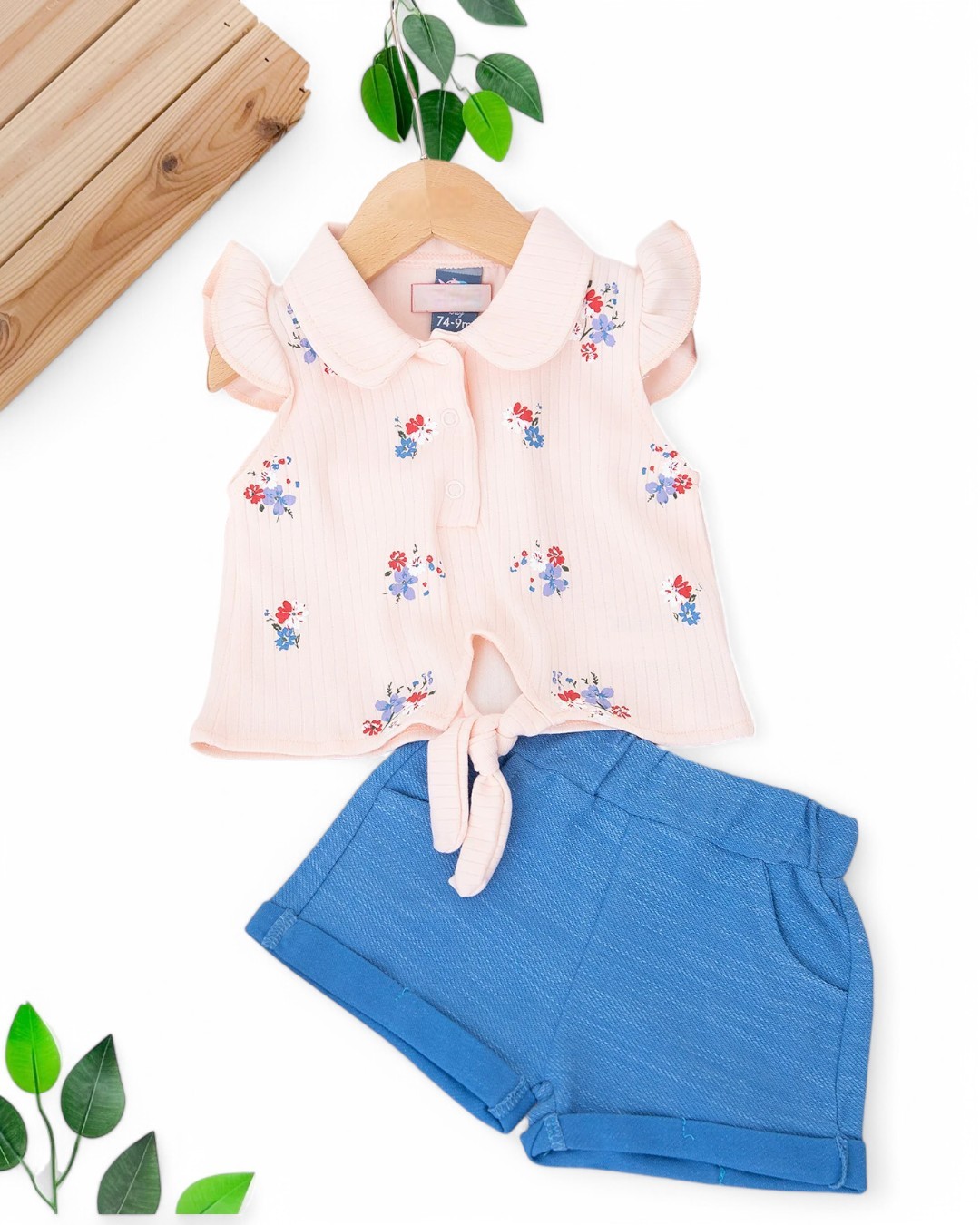KIZ BEBEK YAZLIK ÇİÇEK BASKILI BLUZLU MÜSLİN ŞORTLU 6-9-12-18-24 AY KIZ BEBEK TAKIMI  R1698 - SOMON