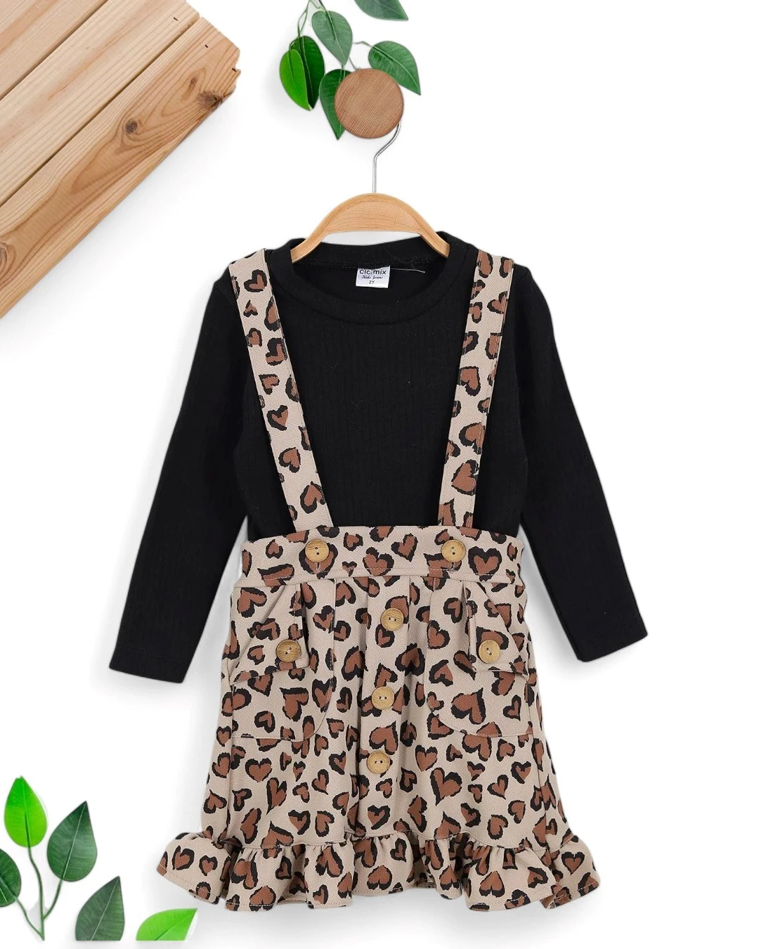 Kız Çocuk Leopar Jile Fitilli Badili Şık Kız Elbise R1589