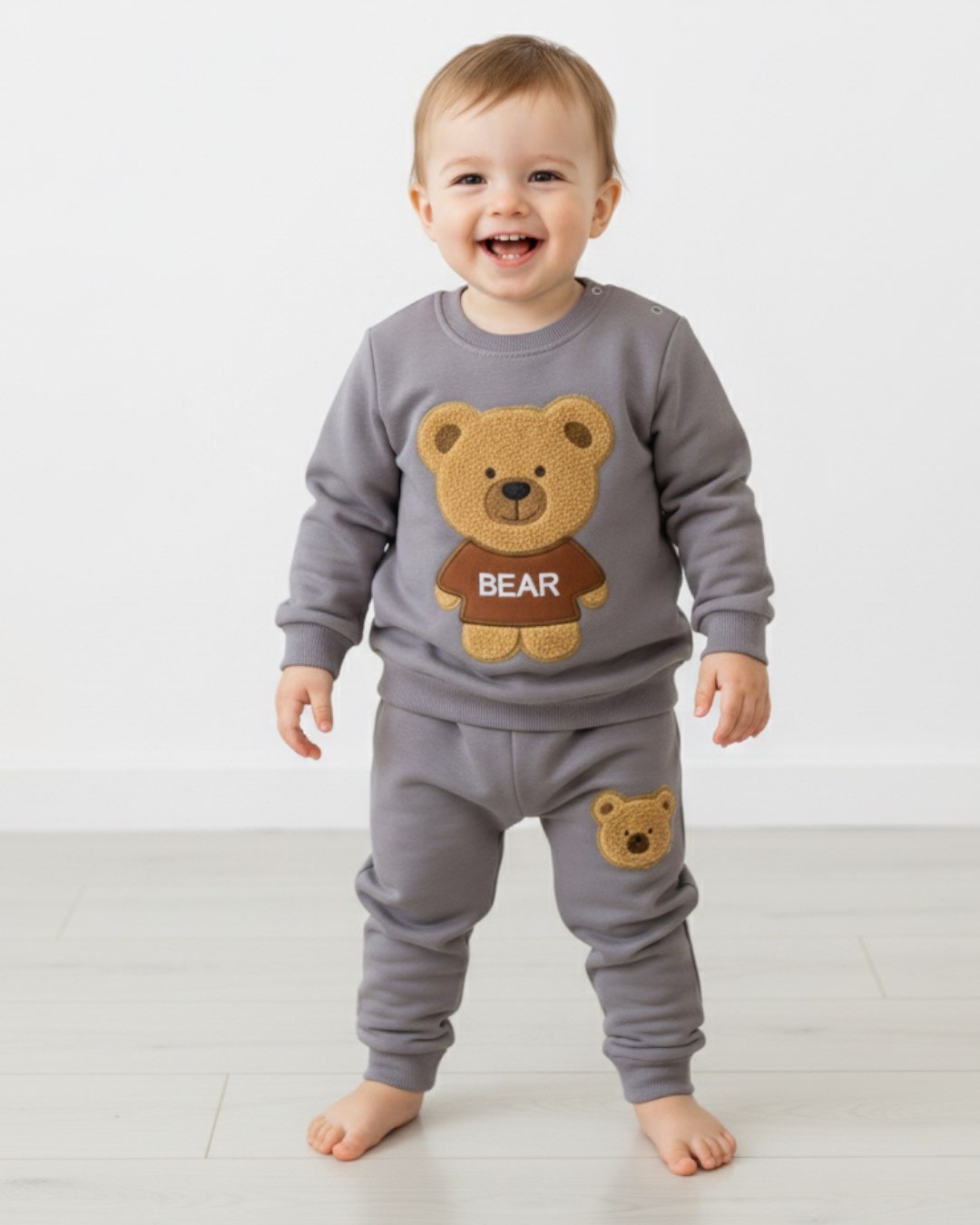Erkek Bebek Süzene Ayıcık Nakışlı 6-9-12-18-24 Ay 3 İP Şardonlu Kışlık Alt Üst Bebek Takımı R2276