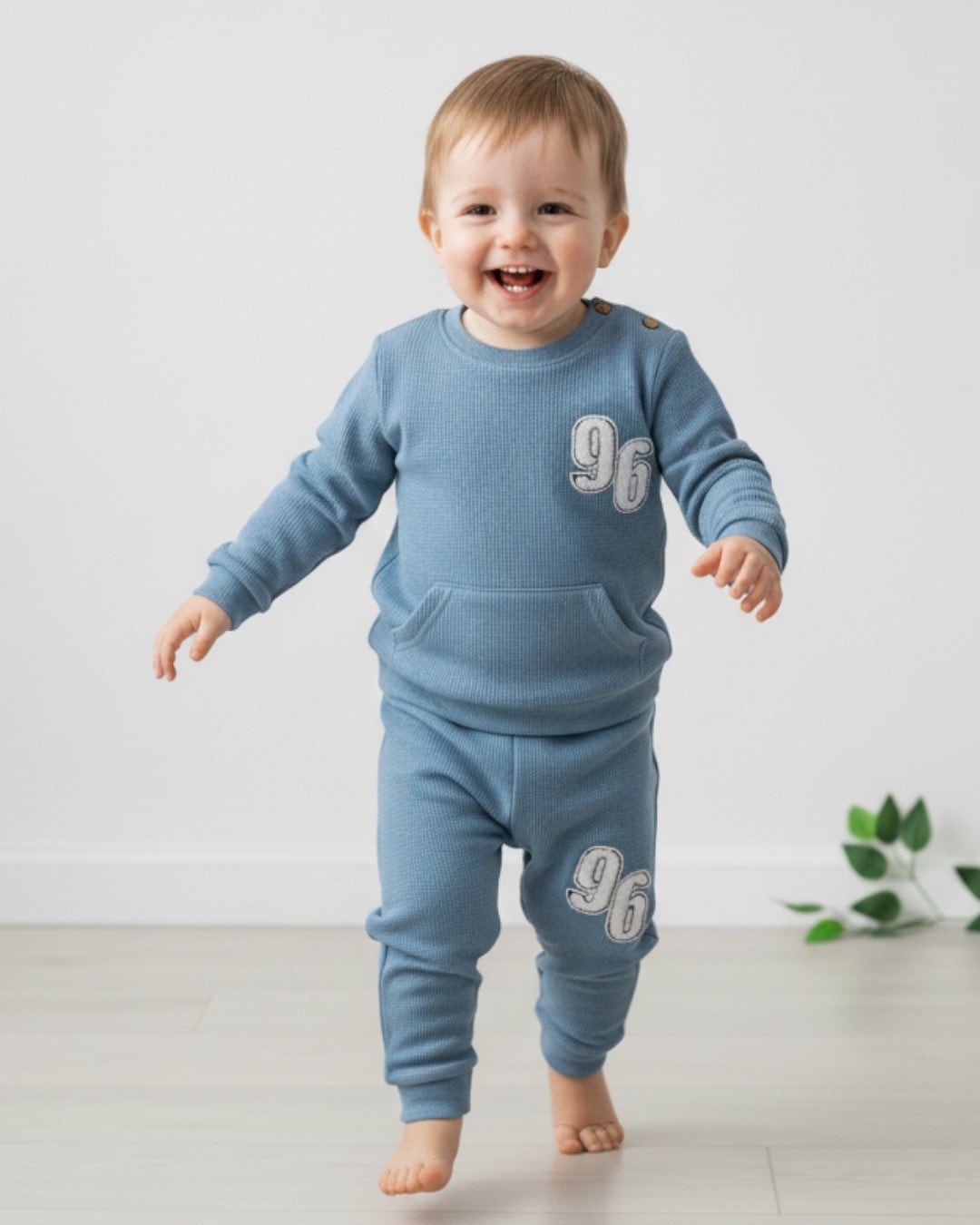 Erkek Bebek 96 Nakışlı Waffle Kumaş Mevsimlik 6-9-12-18-24 Ay Uzun Kollu Günlük Bebek Takımı r2137 - MAVİ