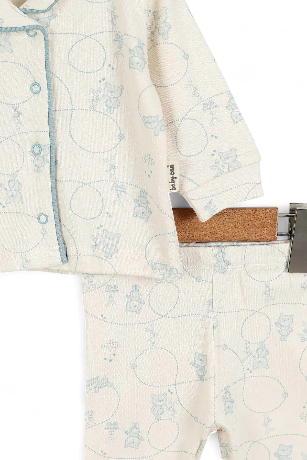 Ayıcık Baskılı Kruvaze Yakalı 3-6-9-12 Ay %100 Pamuklu Pijama Takımı l Gecelik Takımı R2041