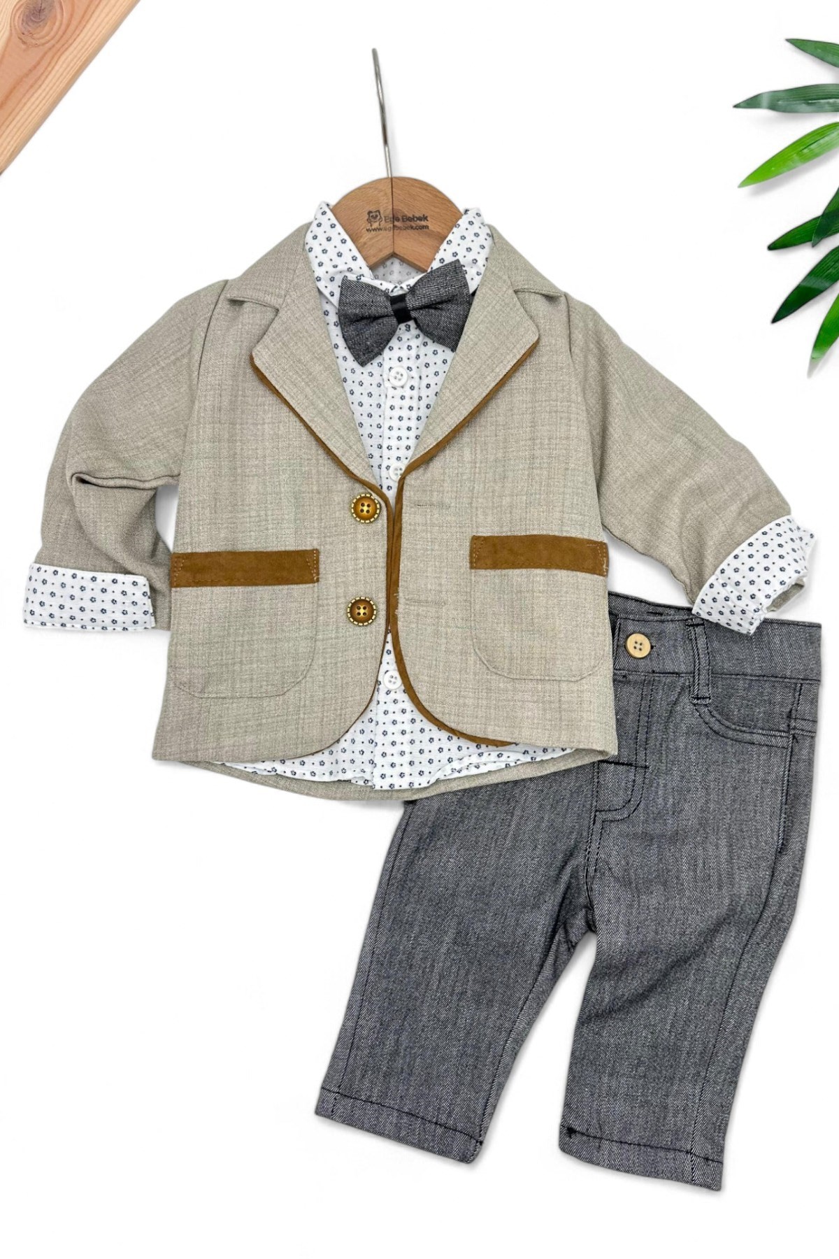 ERKEK BEBEK 6-9-12-18-24 AY GRİ PANTALONLU CEKETLİ PAPYONLU ŞIK TAKIM ELBİSE R1480