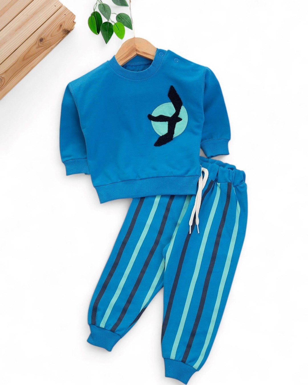 Erkek Bebek Mevsimlik Martı Nakışlı Sweatshirt, Çizgili Pantalonlu 2'lİ Alt Üst Takım R2096 - SAKS