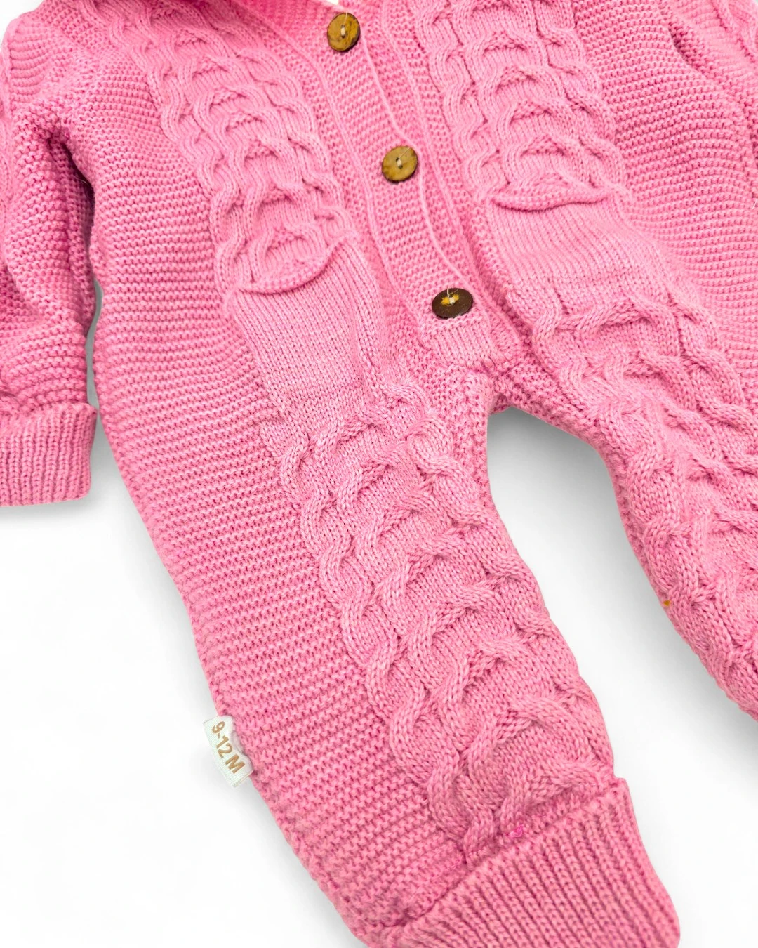 Kışlık Triko Bebek Tulumu, İçi Welsoftlu Düğmeli, Kapüşonlu 3-6-9-12 Aylık Kalın Peluş Tulum R2200