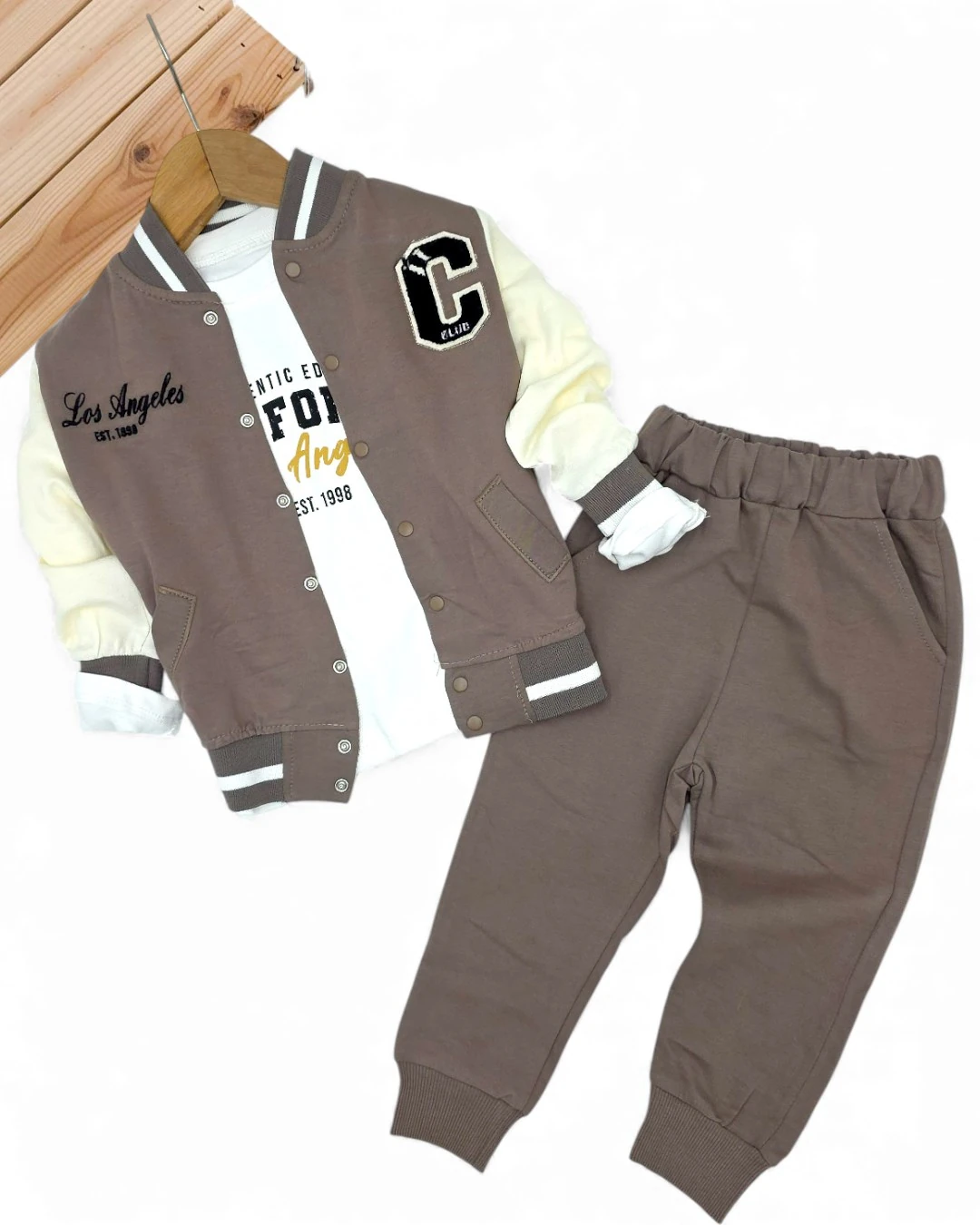 Erkek Çocuk Mevsimlik C Nakışlı Kolej Ceketli, Pantalonlu Sweatshirtlü 3'lü Şık Alt Üst Takım R2384