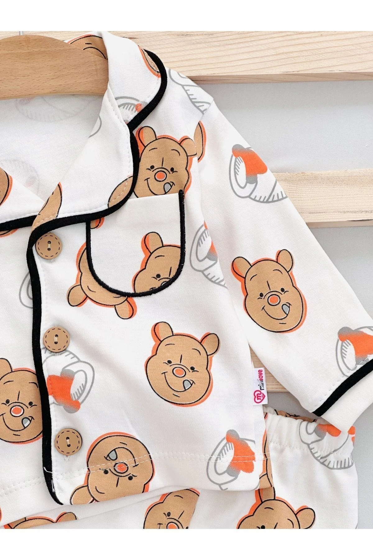 Kız ve Erkek Bebek Pooh Baskılı %100 Pamuklu Alt Üst Gecelik Takımı, 6-9-12-18-24 Ay Pijama Takımı R327