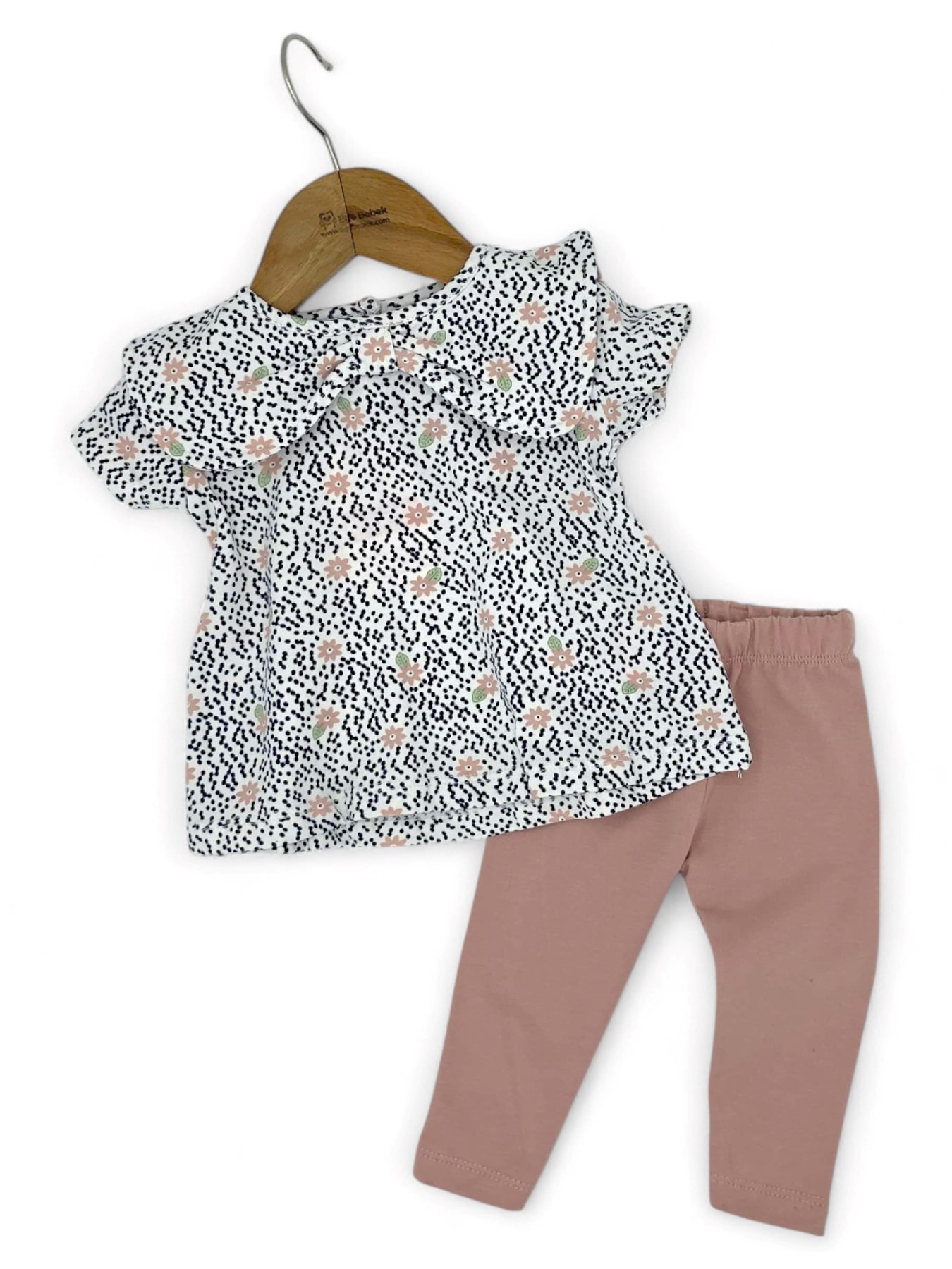 KIZ BEBEK YAKA DETAYLI ÇİÇEK BASKILI TAYTLI 3-6-9-12-18 AY KIZ BEBEK TAKIMI R1950 - PUDRA