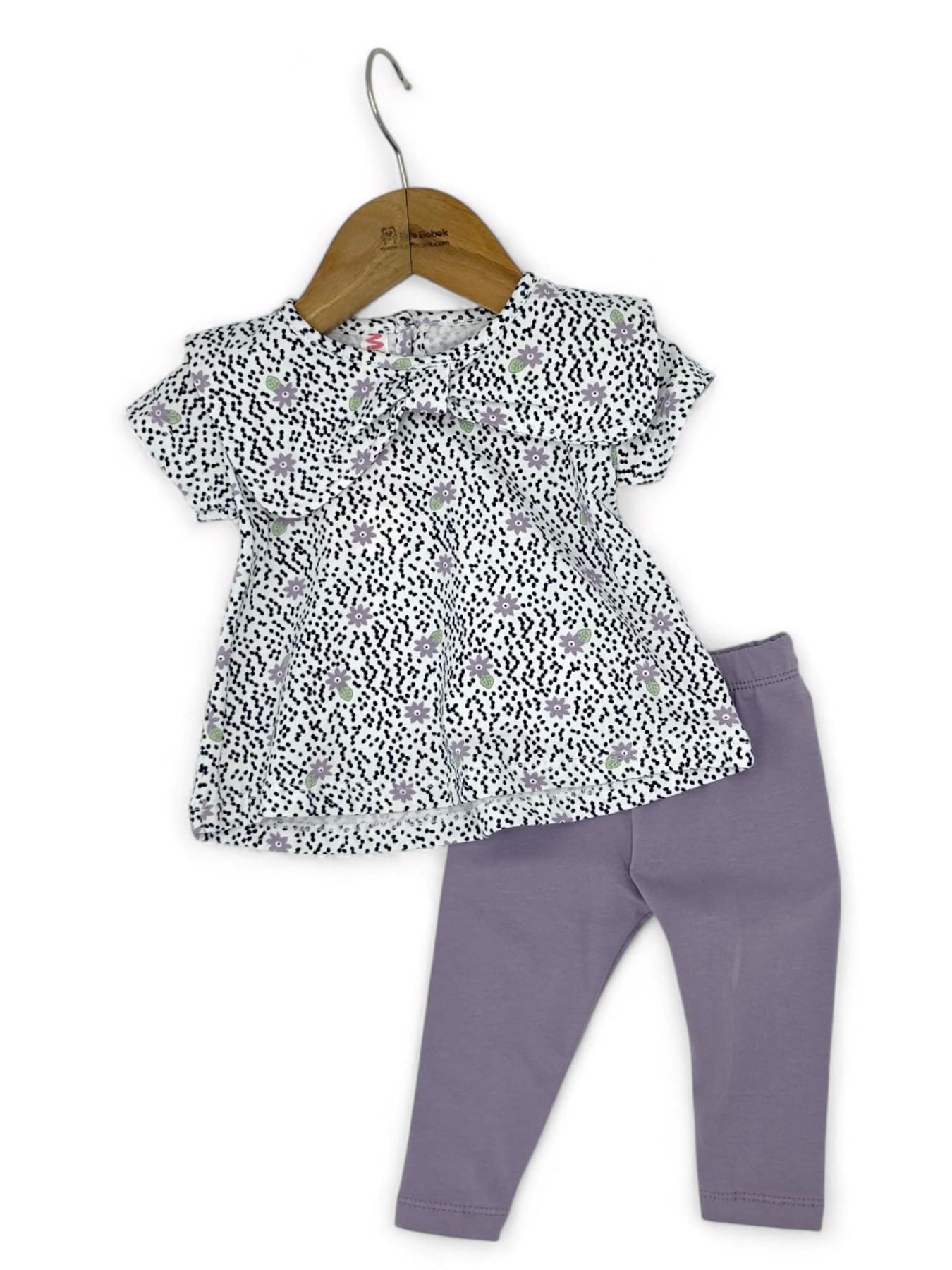 KIZ BEBEK YAKA DETAYLI ÇİÇEK BASKILI TAYTLI 3-6-9-12-18 AY KIZ BEBEK TAKIMI R1950 - LİLA