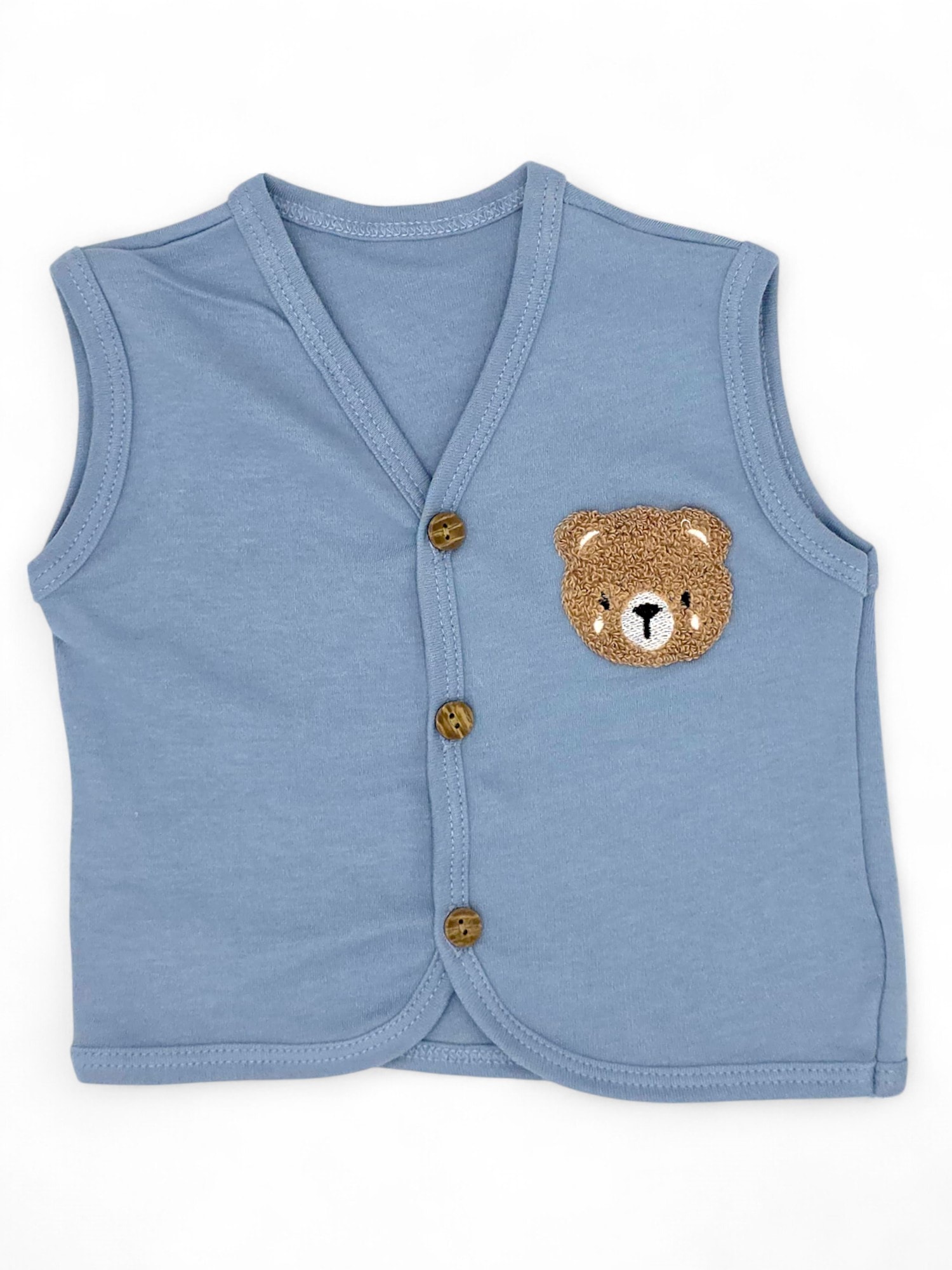 ERKEK BEBEK AYICIK NAKIŞLI DÜĞMELİ MEVSİMLİK PENYE YELEK R1906 - BEBE MAVİSİ