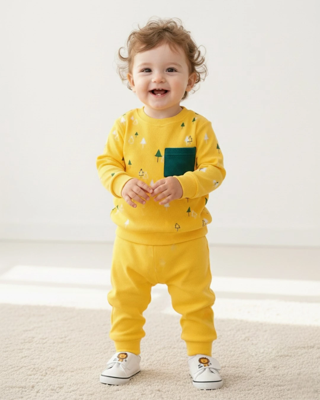 Fitilli Ağaç Baskılı Unisex 6-9-12-18-24 Ay Kaşkorse Mevsimlik Kumaş Alt Üst Bebek Takımı R2375