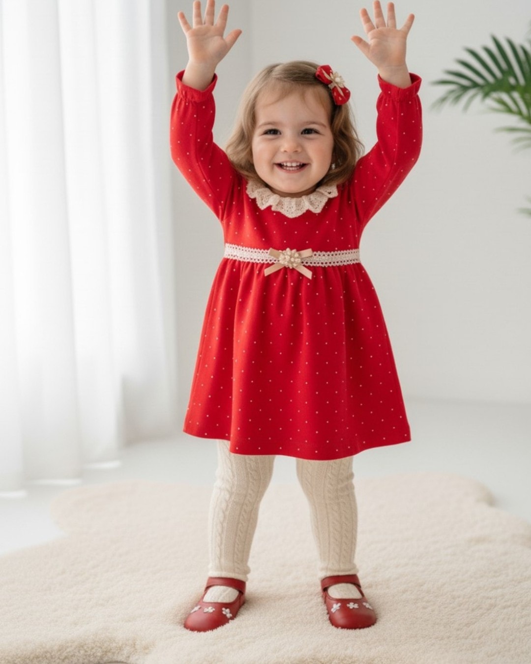 Kız Bebek 6-9-12-18-24-36 Ay, Dantel Detaylı Kırmızı Puantiyeli Elbise, %100 Pamuklu, Mevsimlik  R1457