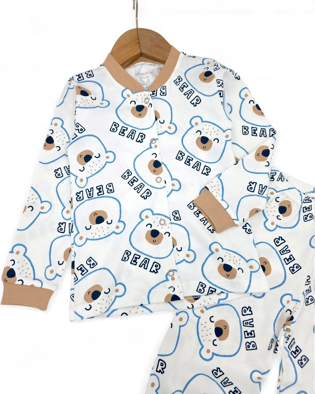 Erkek Bebek Ayıcık Baskılı Mevsimlik %100 Pamuklu Çıtçıtlı Gecelik Pijama Takımı l 6-24 Ay R2252