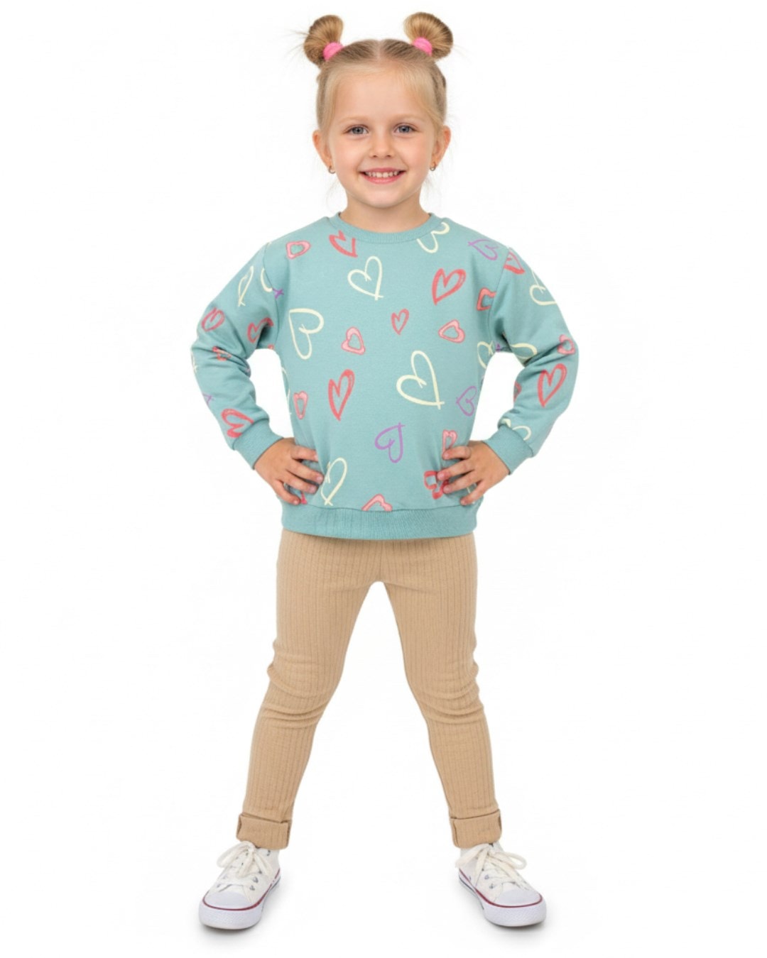 Kız Çocuk Kalp Baskılı Sweatshirtlü ve Taytlı 2-3-4-5-6 Yaş Mevsimlik Takım R2324 - YEŞİL