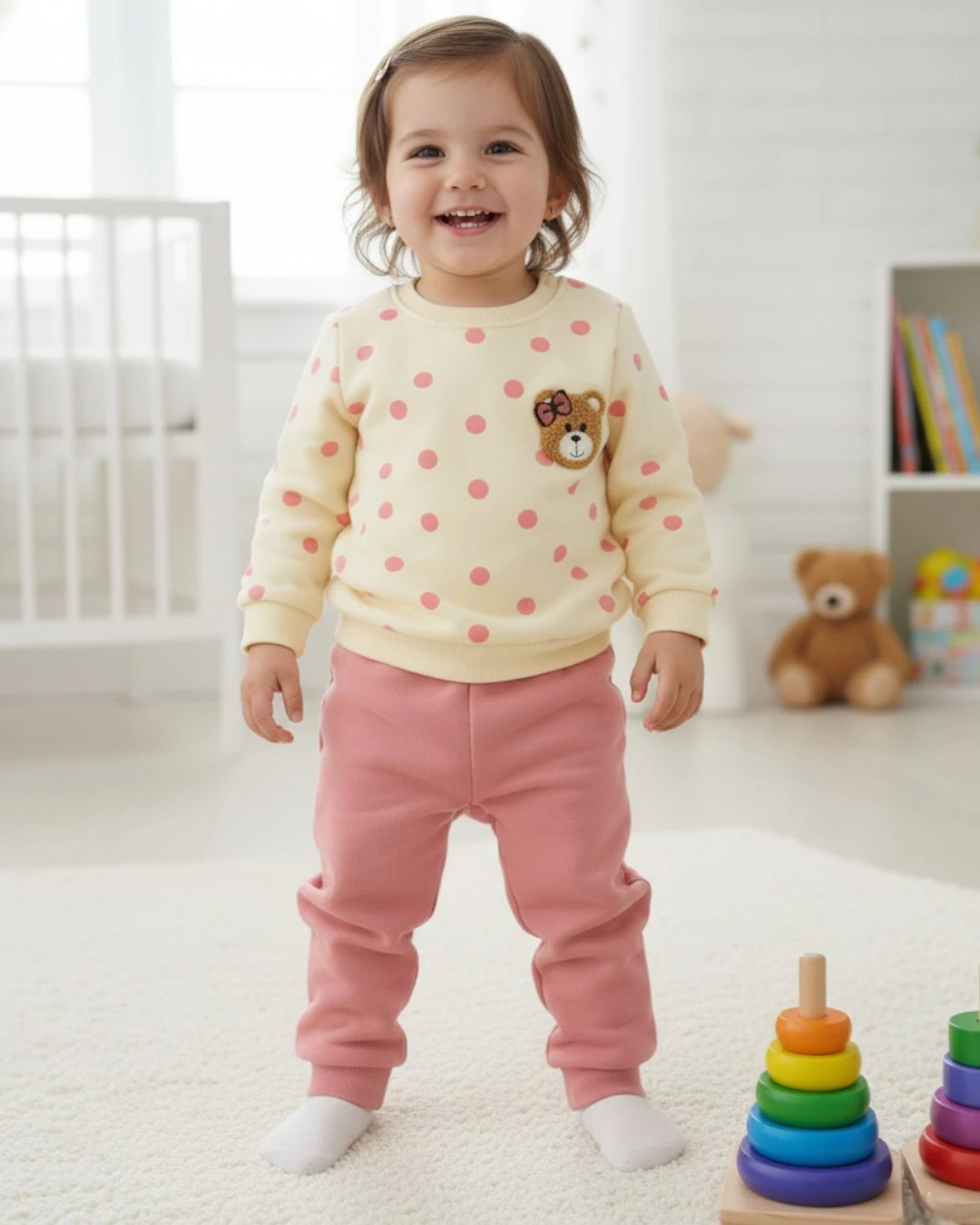 Kız Bebek Dar Kalıp Puantiyeli Kışlık 3 İp Şardonlu Ayıcık Nakışlı Şirin Alt Üst Takım R2337 - GÜL KURUSU