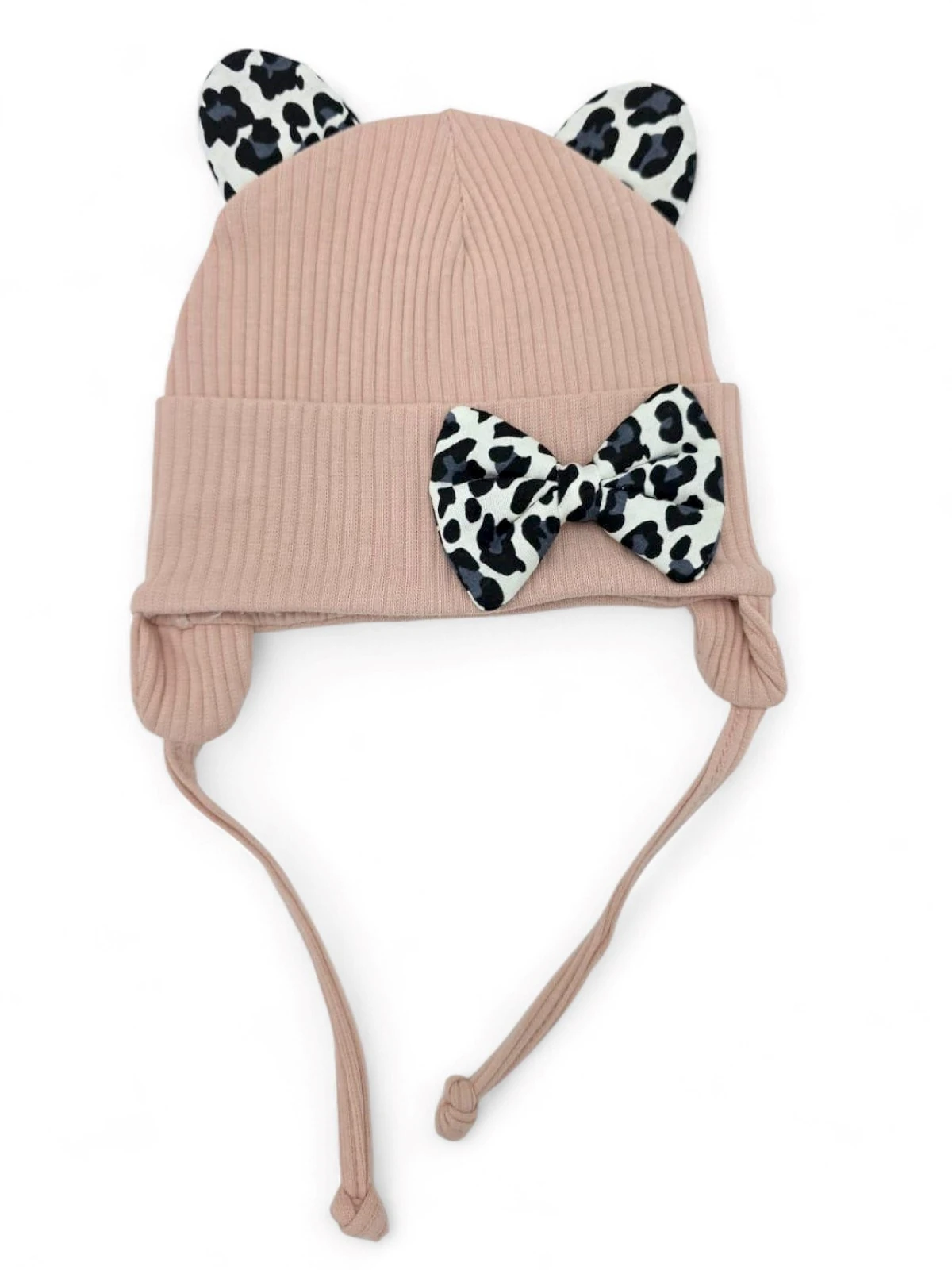 Kız Bebek Leopar Desenli Fiyonklu Kulaklı Bere 0-12 AY BR37 - GÜL KURUSU