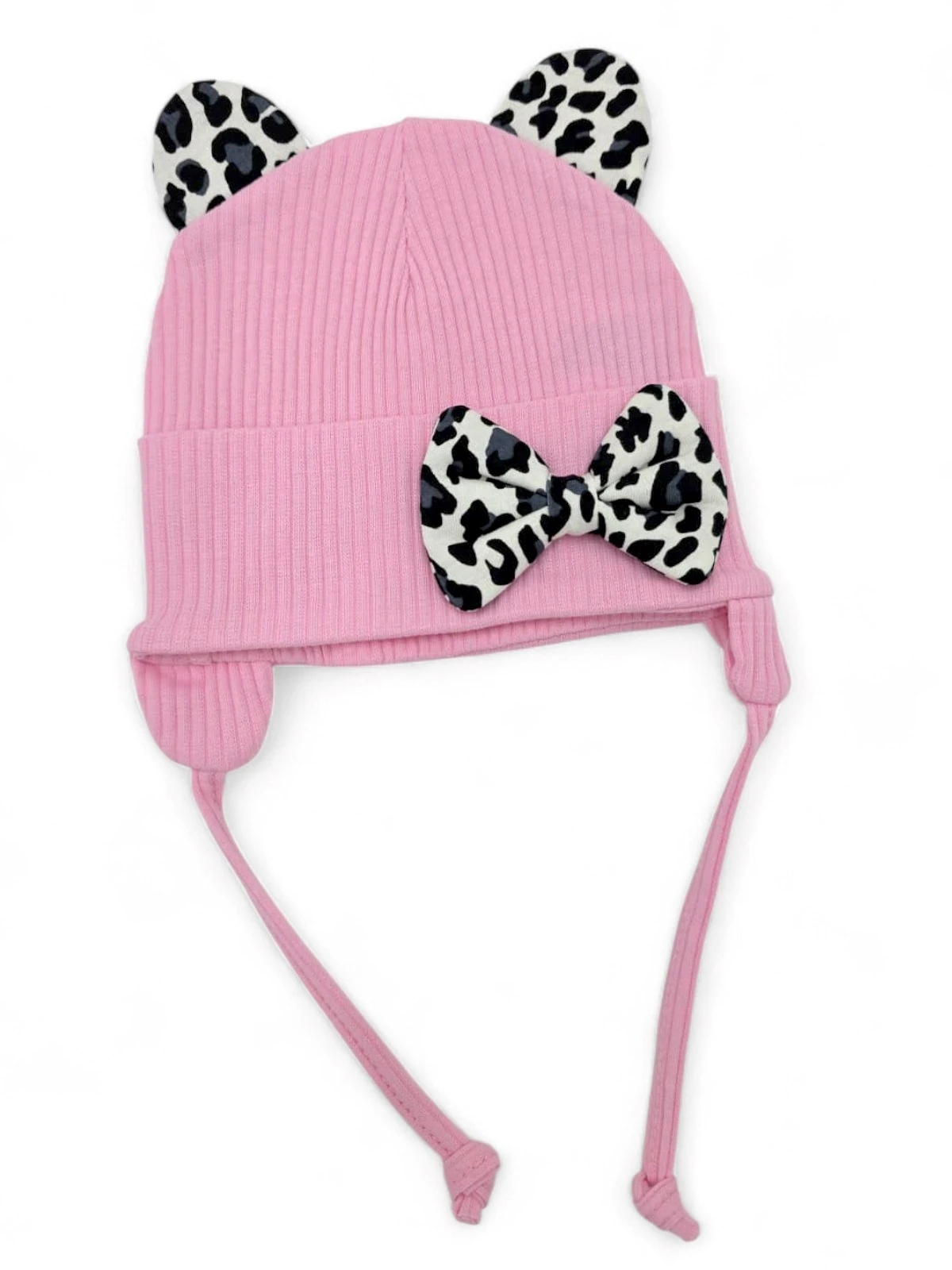 Kız Bebek Leopar Desenli Fiyonklu Kulaklı Bere 0-12 AY BR37 - PEMBE