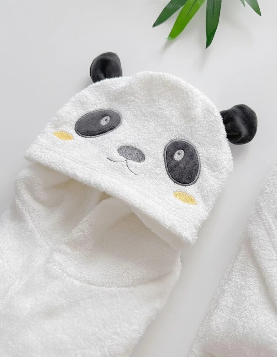 Bebek Panda Nakışlı 4'lü Havlu & Bornoz Banyo Seti, Yeni Doğan Bornoz Takımı BN13