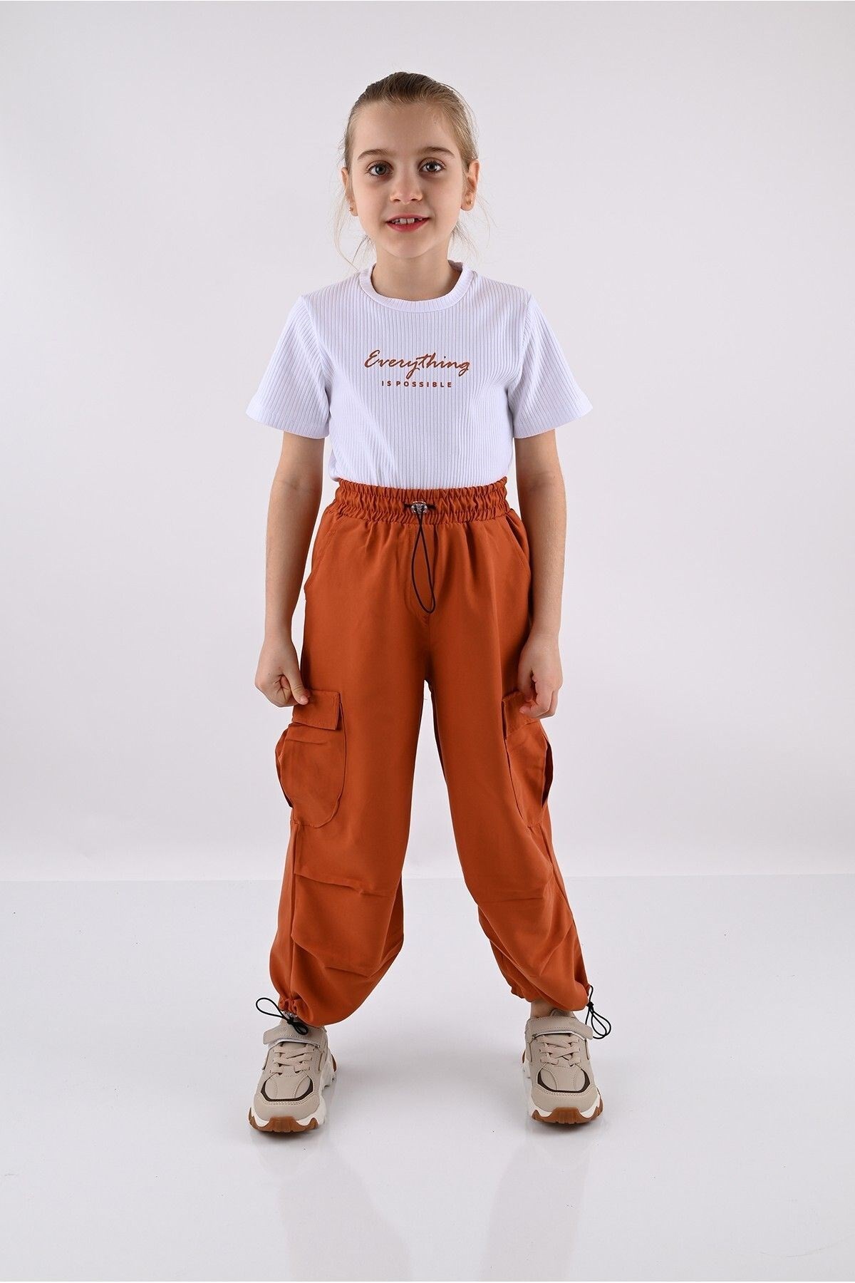 KIZ ÇOCUK SOFT PANTALONLU YAZLIK KISA KOLLU T-SHİRT PANTALON SETİ  5-12 YAŞ (DAR KALIP) R778 - BEYAZ-KİREMİT