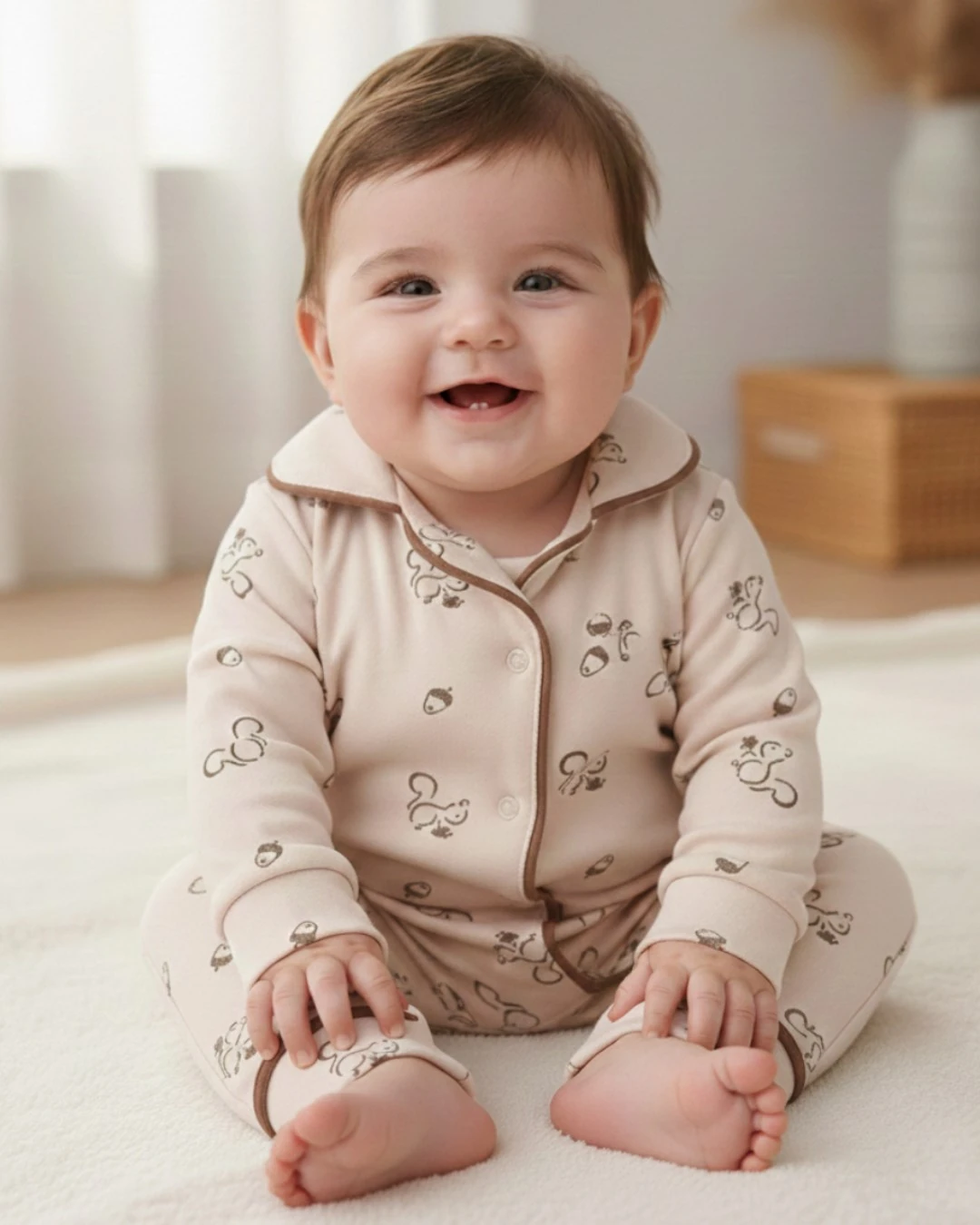 Erkek Bebek Sincap Baskılı Kruvaze Yakalı %100 Pamuklu Lüx Gecelik Alt Üst 2'li Takım R2379