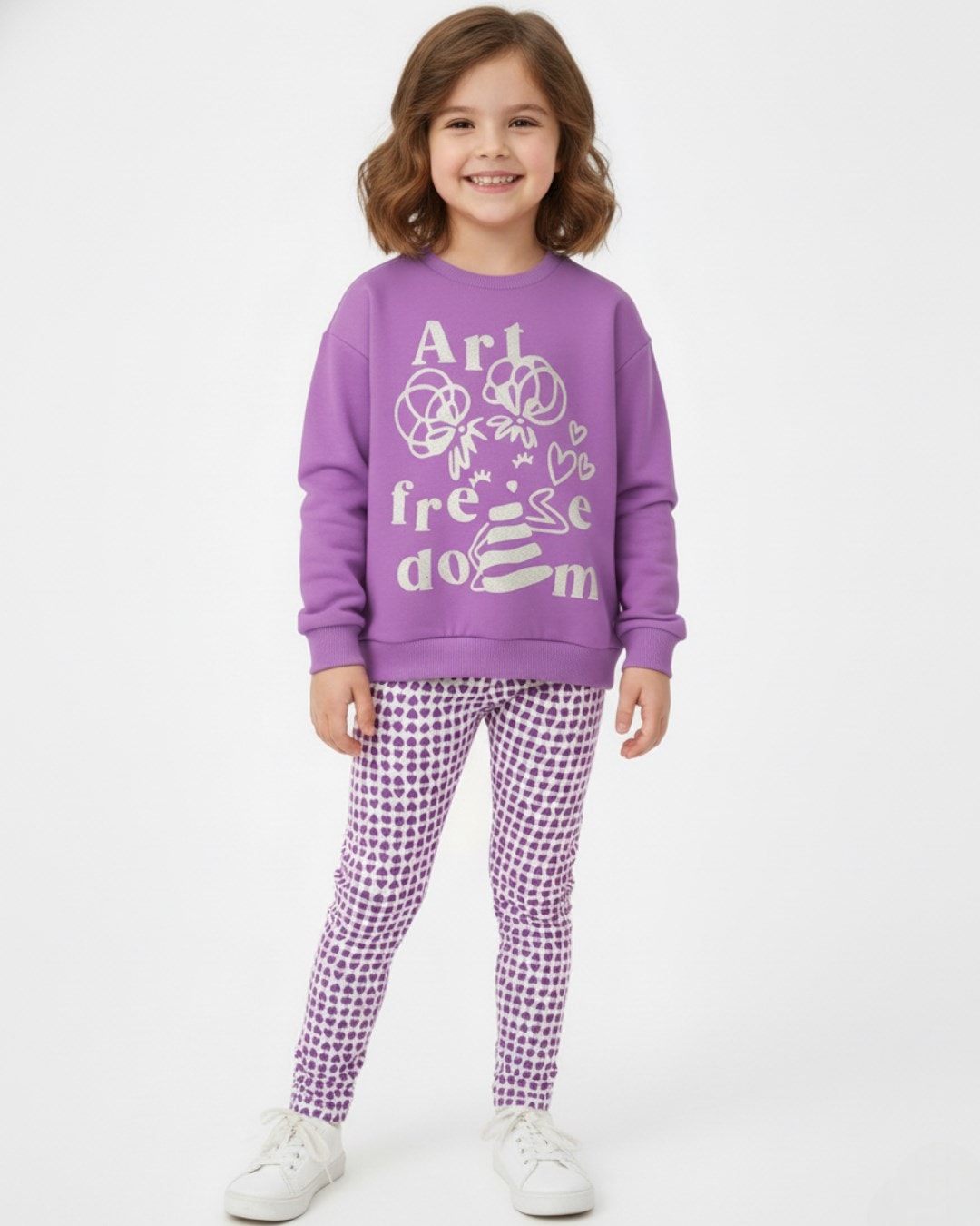 Kız Çocuk Kalp Baskılı Taytlı, Mevsimlik, 2-10 Yaş Sweatshirtlü Alt Üst Taytlı Takım R2318  - MOR