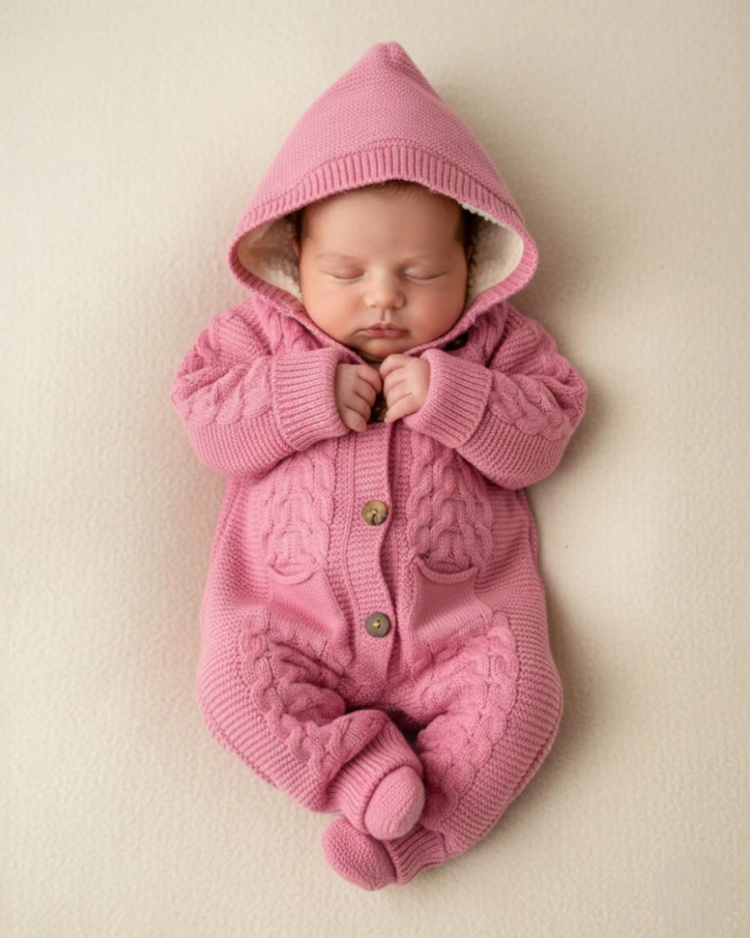 Kışlık Triko Bebek Tulumu, İçi Welsoftlu Düğmeli, Kapüşonlu 3-6-9-12 Aylık Kalın Peluş Tulum R2200 - PEMBE