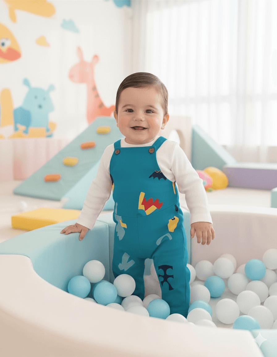 Erkek Bebek Baskılı, Salopet / Bahçıvan Tulum ve İç Badili Set 6-9-12-18-24 Ay  R2095