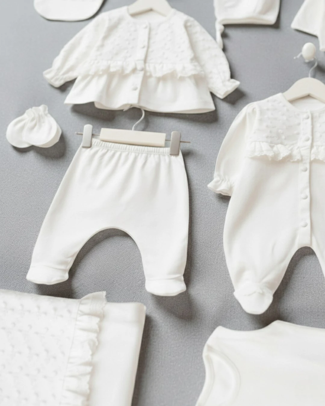 Kız Bebek Düz Beyaz, İşlemeli Fisto Detaylı 10 Parça Premium Hastane Çıkışı Zıbın Seti R2368