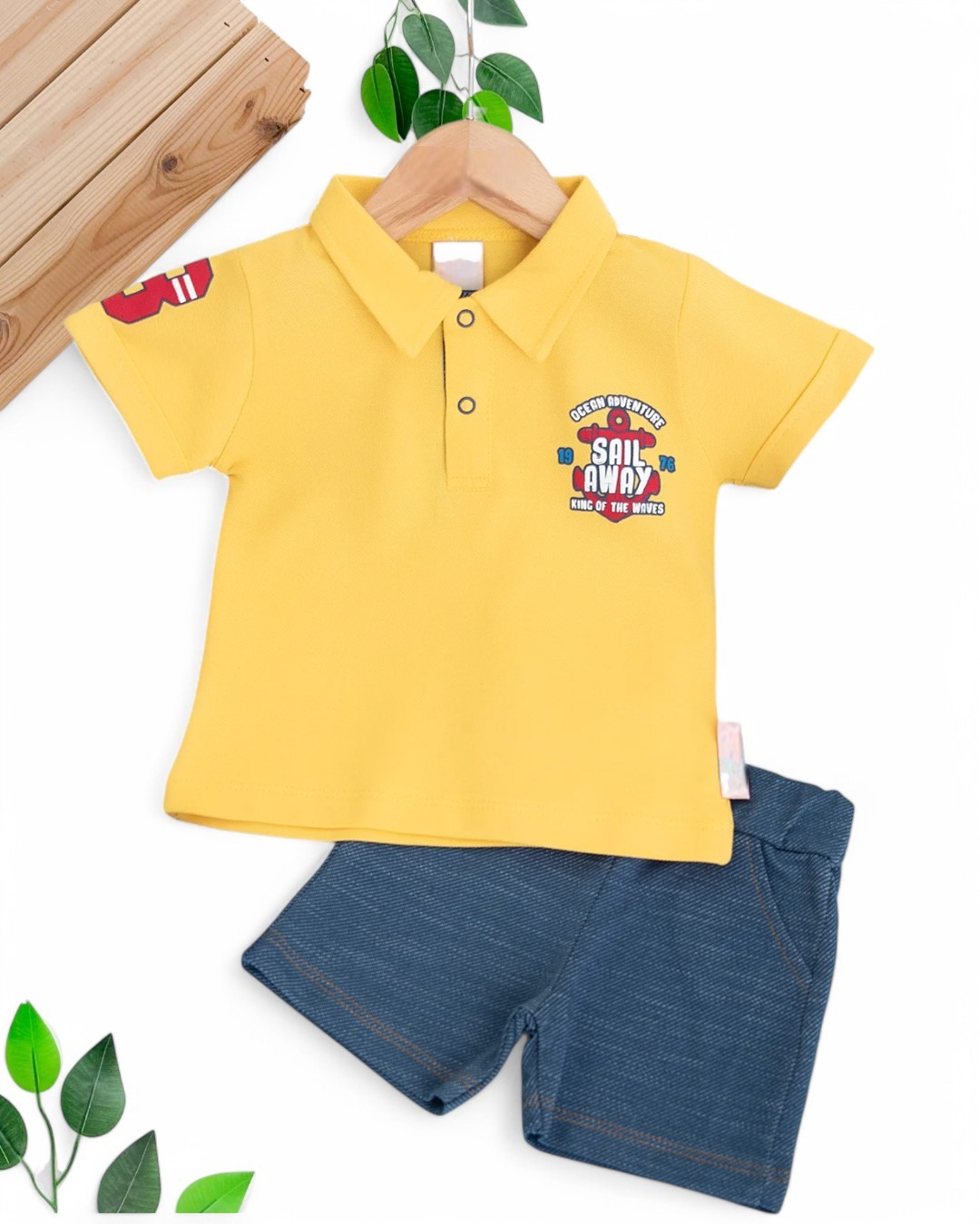 ERKEK BEBEK YAZLIK POLO YAKALI YUMUŞAK KOT ŞORTLU 6-9-12-18-24 AY BEBEK TAKIMI R1696 - SARI
