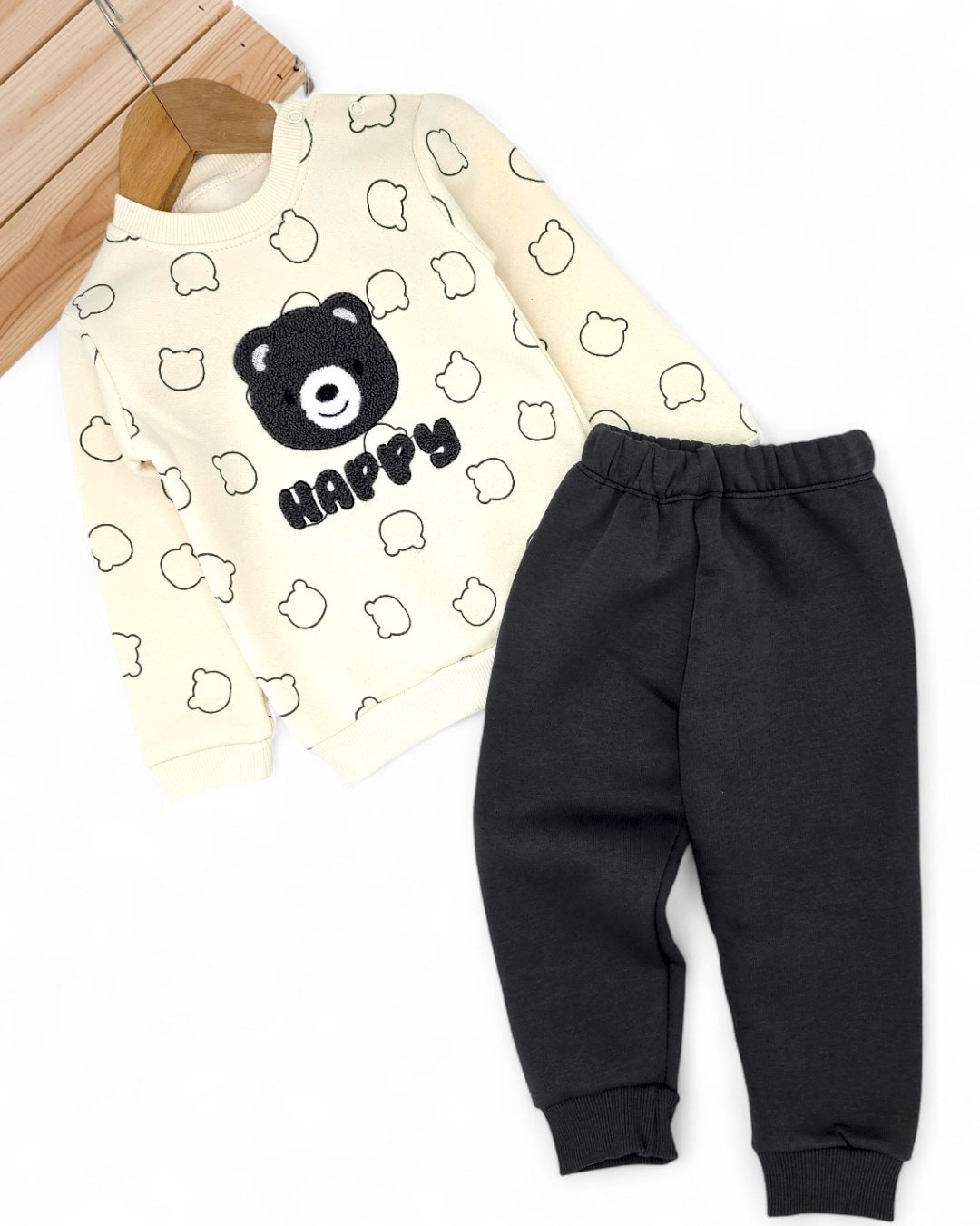 Erkek Bebek Kışlık 3 İp Şardonlu, Ayıcık Nakışlı Baskılı Şık Alt Üst Takım, 6-9-12-18-24 Ay / R2334