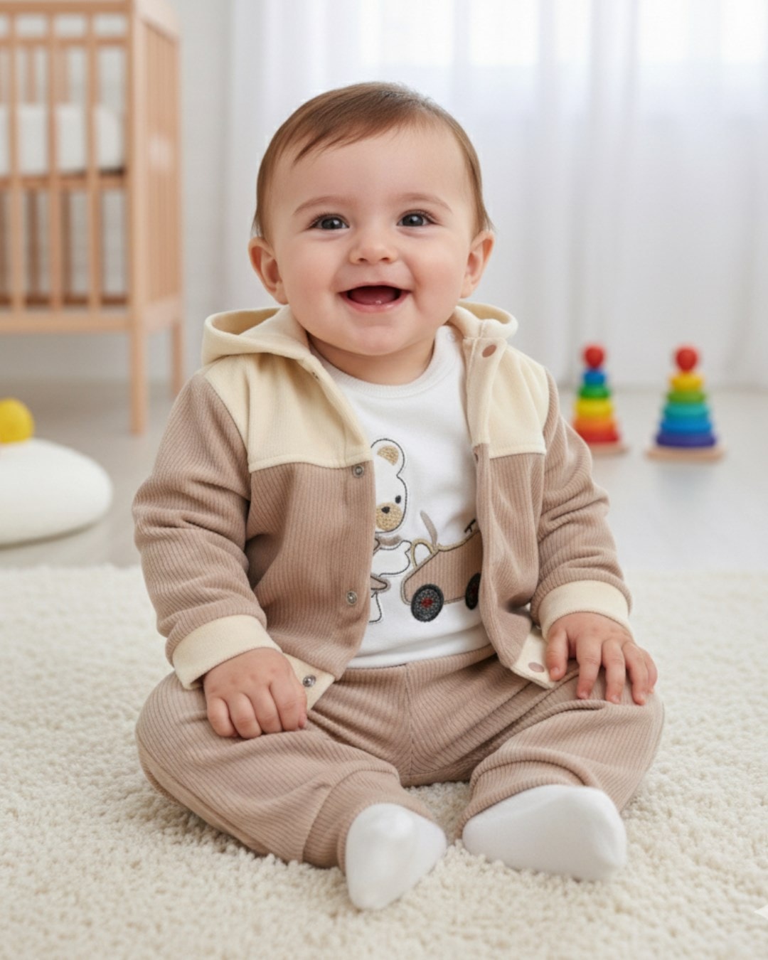 Kışlık Ayıcık Detaylı 3 Parça Kadife Bebek Takımı | 0-9 Ay Kapüşonlu Hırka, Body ve Pantolon Seti R2213 - BEJ