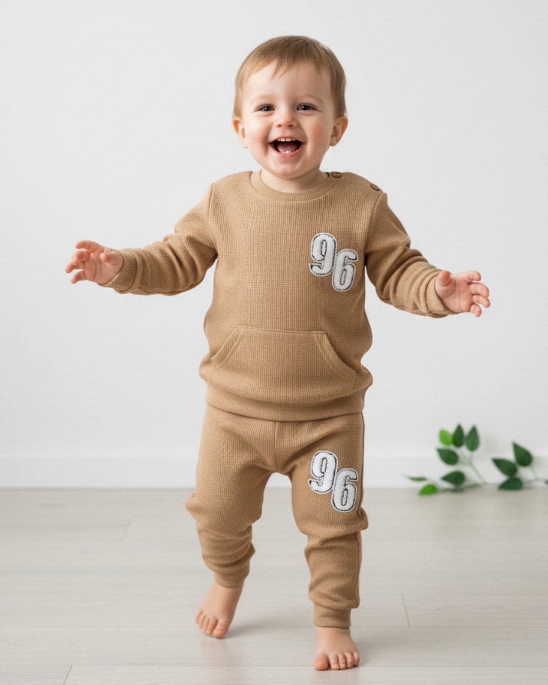 Erkek Bebek 96 Nakışlı Waffle Kumaş Mevsimlik 6-9-12-18-24 Ay Uzun Kollu Günlük Bebek Takımı r2137 - BEJ
